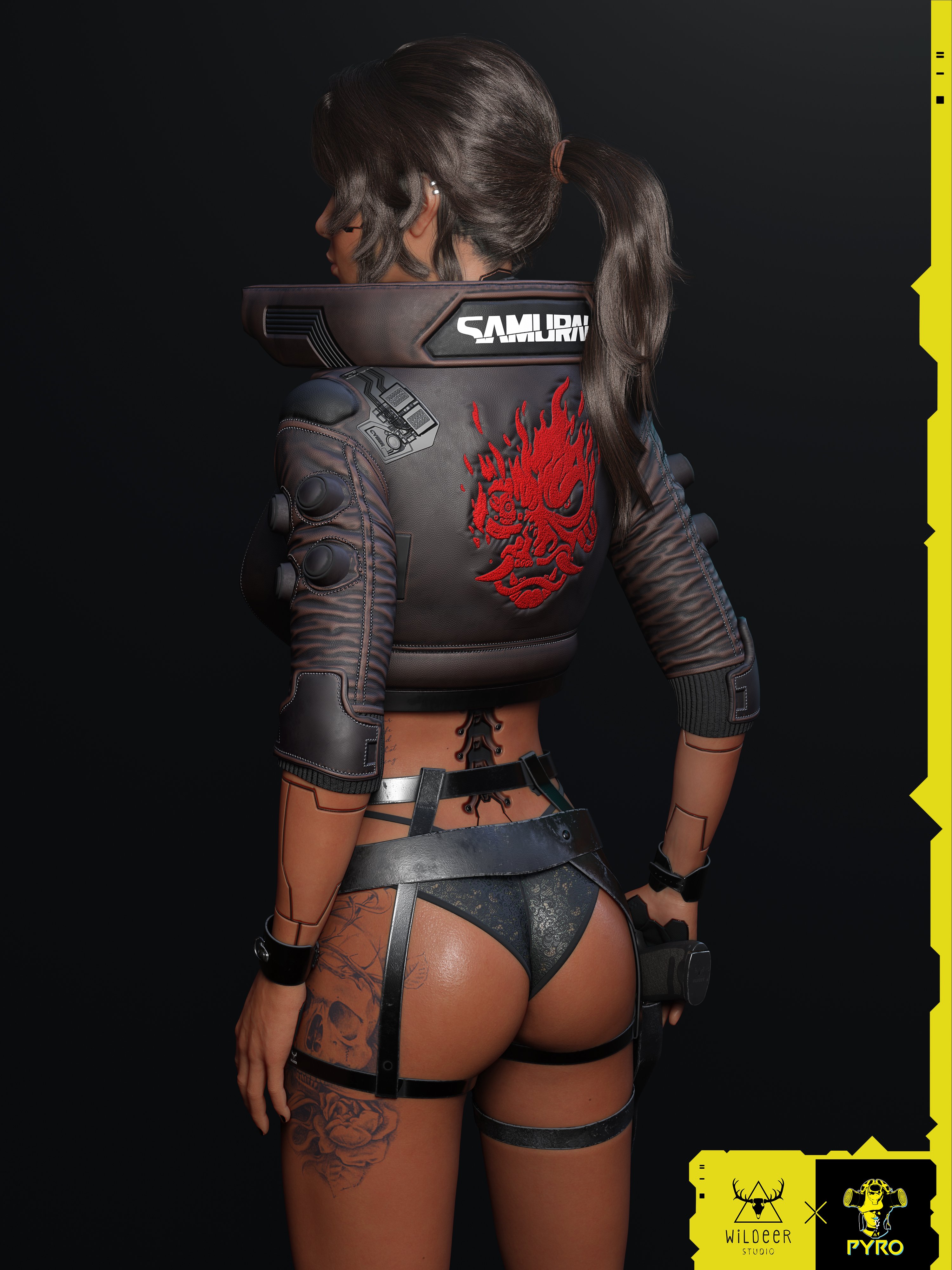 1girls, 3d, athletic, athletic female, crossover, cybernetics, cyberpunk, cyberpunk 2077, female, hourglass figure, lara croft, lara croft (survivor), pyro (artist), standing, tagme, tattoo, tomb raider, tomb raider (survivor), wide hips