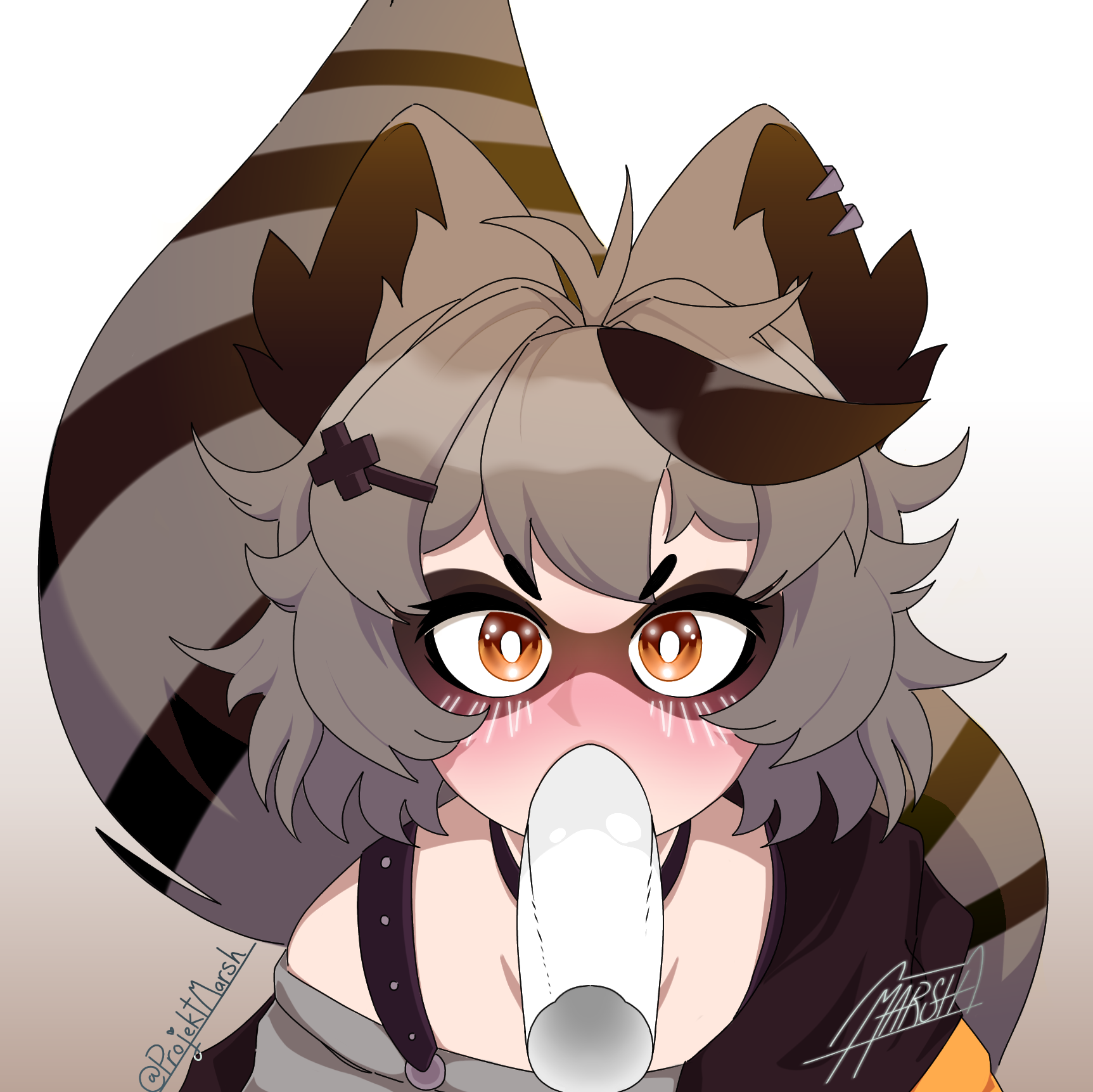 1girls, ahe gao, big penis, blush, brown hair, clothed, female, indie virtual youtuber, male, oral, oral sex, penis, projektmarsh, raccoon, snuffy, virtual youtuber