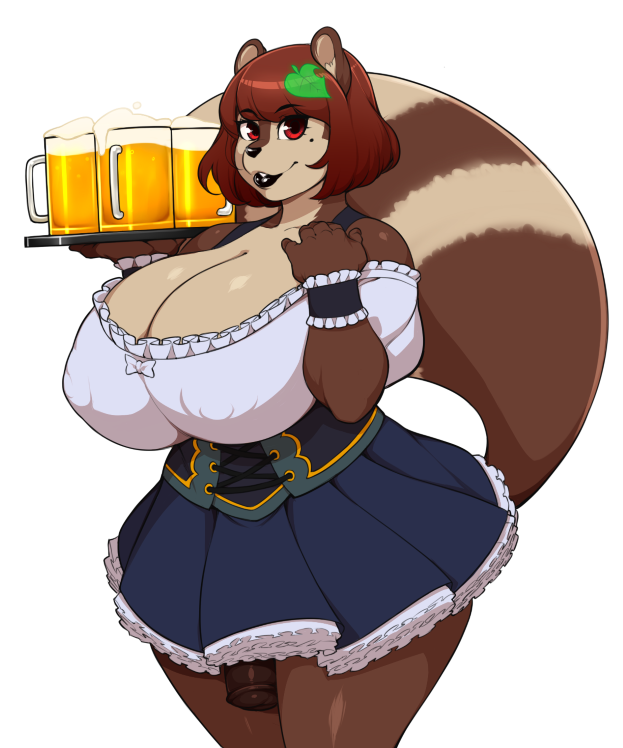 alcohol anthro beauty_mark beer beverage big_breasts breasts canid canine cleavage clothed clothing futanari genitals gynomorph huge_breasts hyper hyper_breasts intersex kally_(tits) mammal penis raccoon_dog solo tanuki unknown_artist