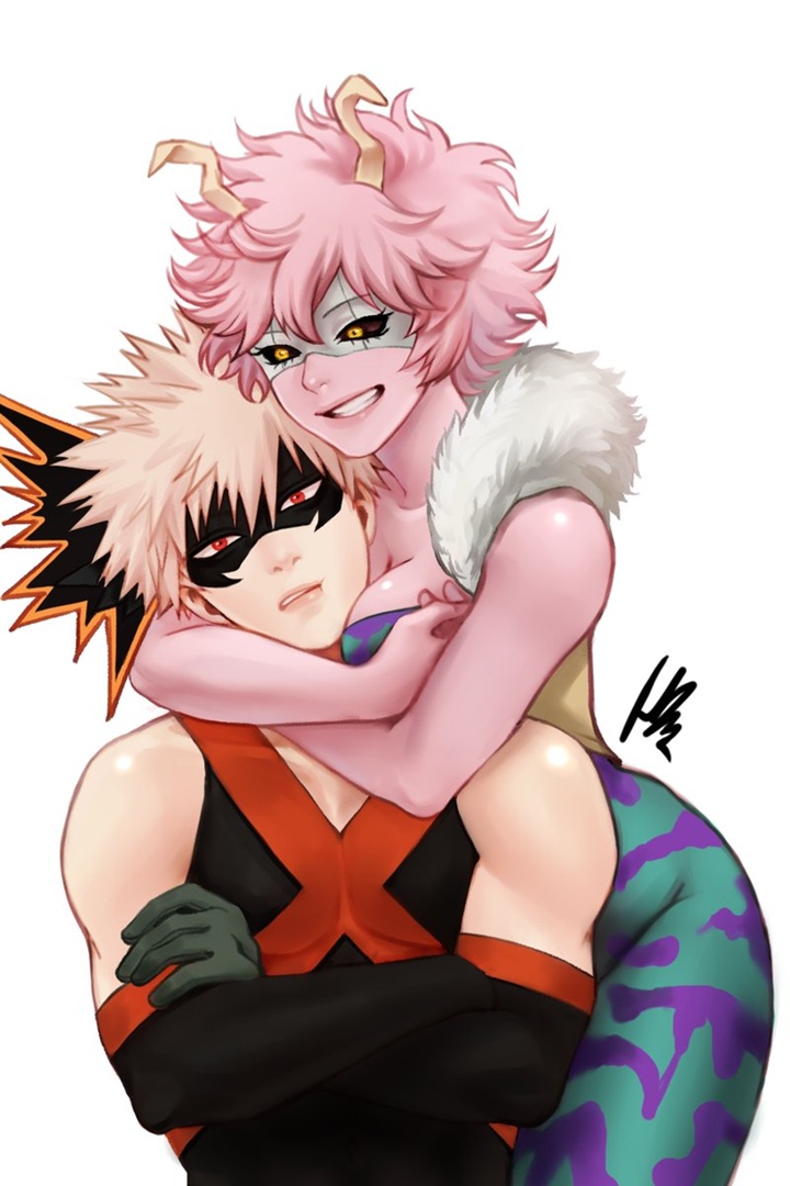 1boy 1boy1girl 1girls alternate_version_available black_sclera cleavage clothed clothed_variant embracing female golden_eyes head_in_cleavage hero_outfit_(mha) horns hugging_from_behind katsuki_bakugou male male/female mask mina_ashido muscular_male my_hero_academia pink_hair pink_skin red_eyes smirk straight tight_clothing white_background