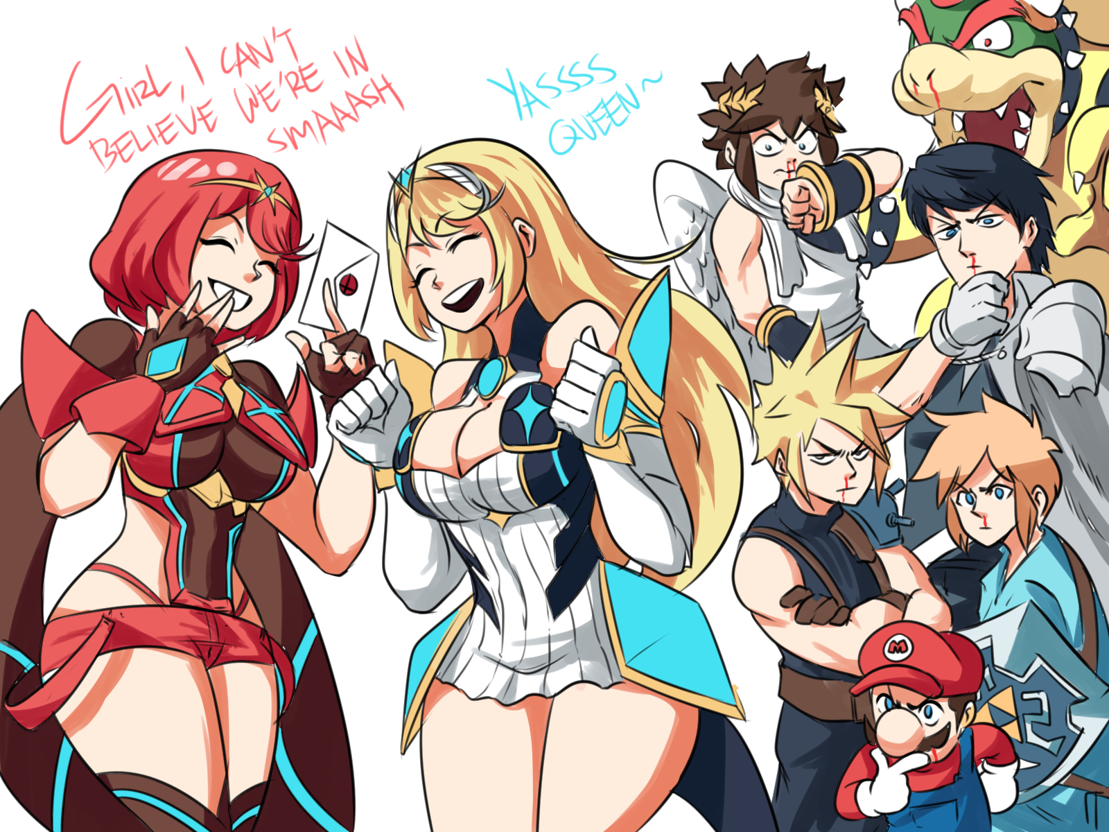 2girls, 6boys, arm gloves, bare legs, bare shoulders, blonde hair, boob window, bowser, breasts, breath of the wild, busty, chrom (fire emblem), cleavage, closed eyes, cloud strife, crossover, curvy, cute, dual persona, english text, female, final fantasy, final fantasy vii, fingerless gloves, fire emblem, fire emblem awakening, g-string, group, hotpants, invitation, kid icarus, link, link (breath of the wild), long hair, male, mario, mario (series), mythra, nosebleed, pit (kid icarus), pyra, red hair, short hair, skirt, smile, standing, super smash bros., text, the legend of zelda, thick thighs, thighhighs, thin, thin waist, tiara, tinafate1, xenoblade (series), xenoblade chronicles 2