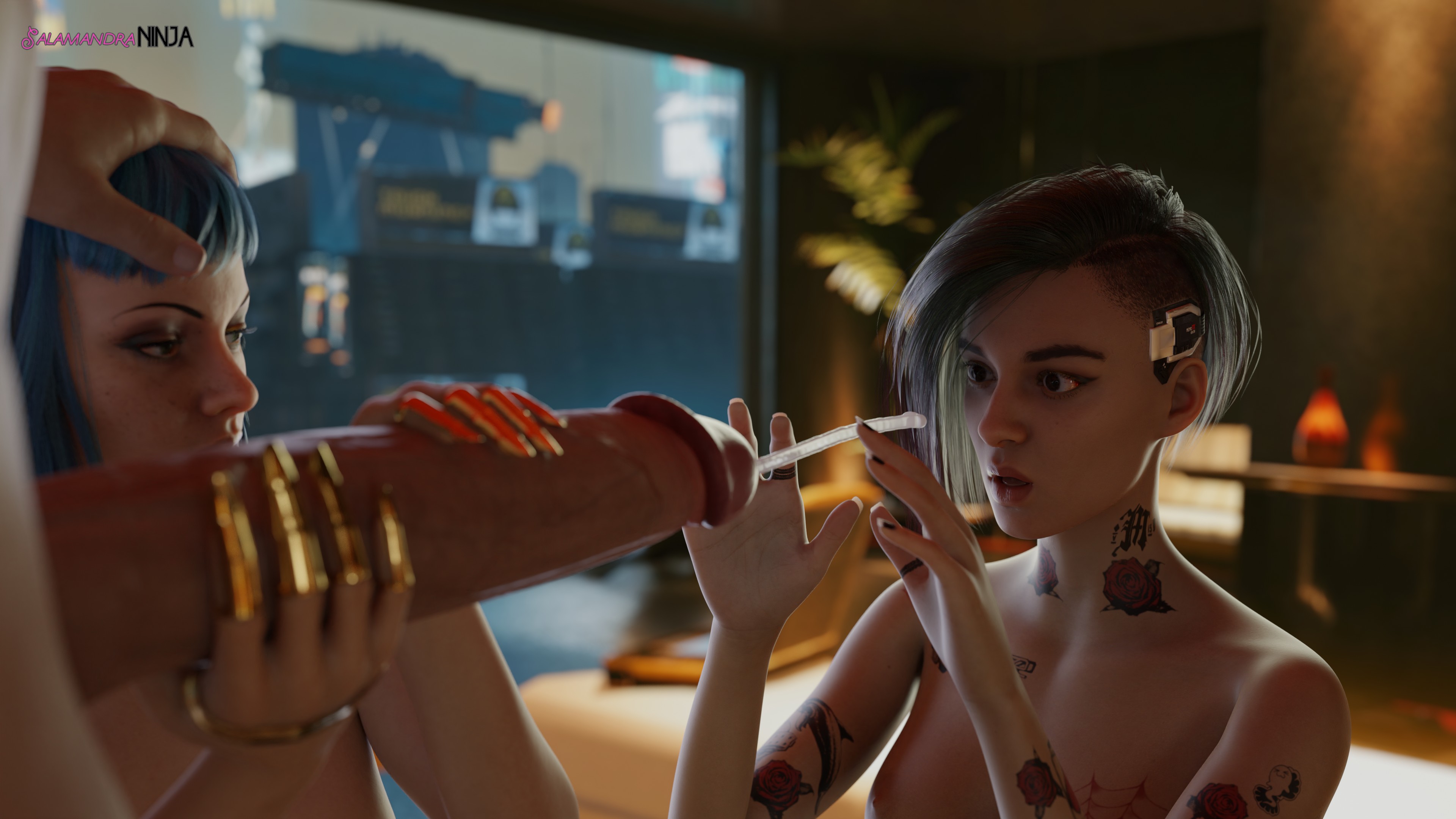 2girls, 3d, big penis, blender, cum, cum on face, cumshot, cyberpunk 2077, evelyn parker, female, gigantic penis, huge cock, imminent oral, judy alvarez, large penis, light skin, light-skinned male, long penis, male, oral, penis, salamandraninja, straight, veiny penis