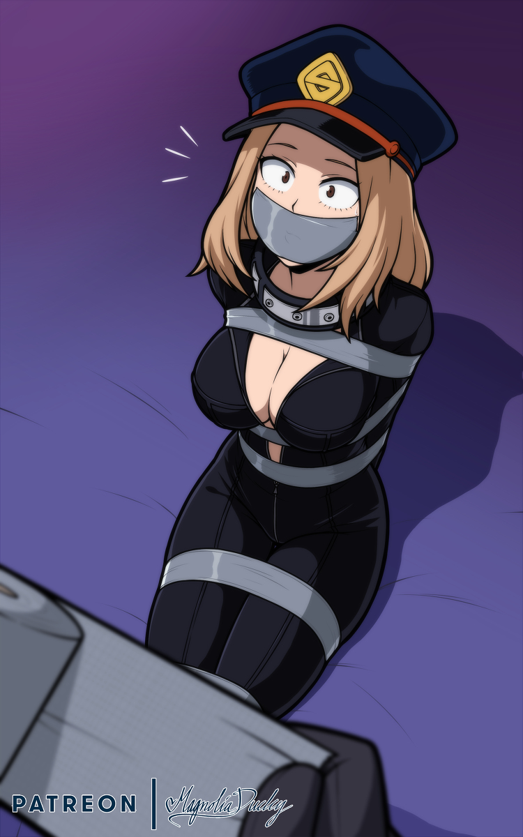 1girls, big breasts, blonde hair, blonde-haired female, bondage, bound, breasts, brown eyes, brown hair, camie utsushimi, cleavage, clothing, duct tape, female, femsub, gag, gagged, hero outfit (mha), imminent rape, legs together, long hair, magnolia-baillon, my hero academia, peaked cap, police, police hat, police uniform, school uniform, shiketsu high school cap, tape, tape gag, taped mouth, wide eyed