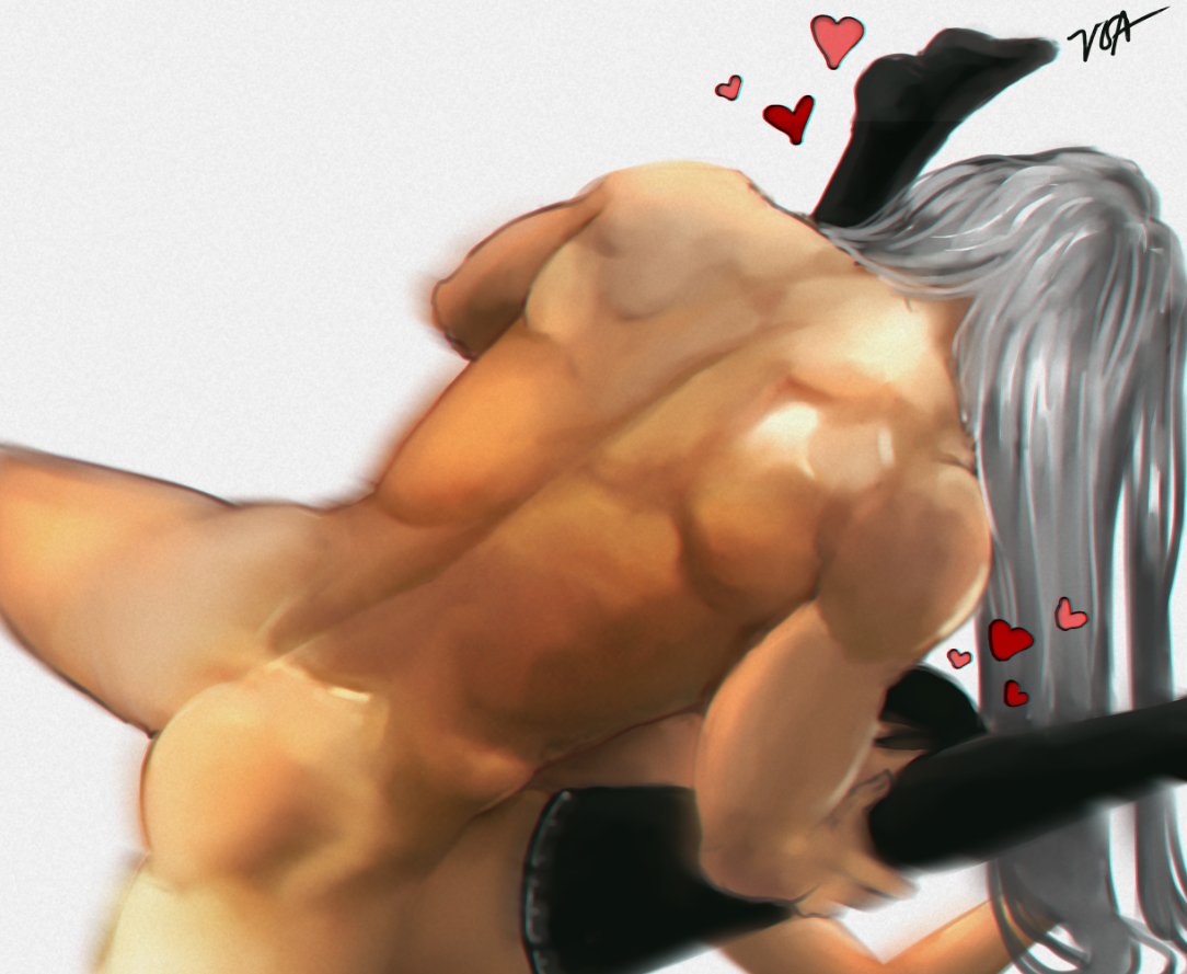 1boy, 1girls, black stockings, female, final fantasy, final fantasy vii, final fantasy vii remake, heart, legs held open, long hair, long-haired male, male, male/female, mating press, muscular, muscular male, nude, nude male, sephiroth, sex, silver hair, stockings, straight, tifa lockhart, viewed from behind, voaleine