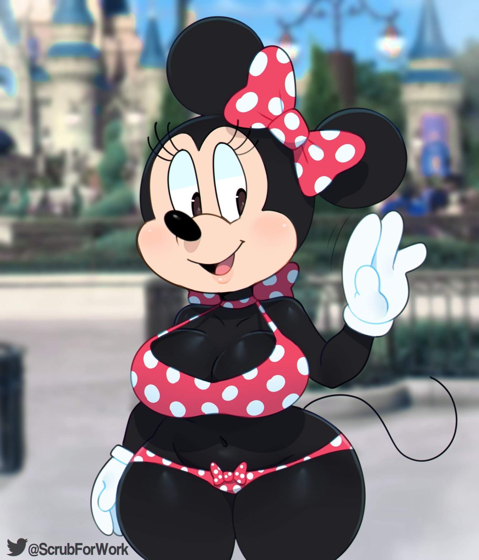 1girls, alternate body type, alternate breast size, anthro, big breasts, bra, breasts, cleavage, disney, female, female only, furry, large breasts, minnie mouse, panties, solo, somescrub, thick thighs, wide hips