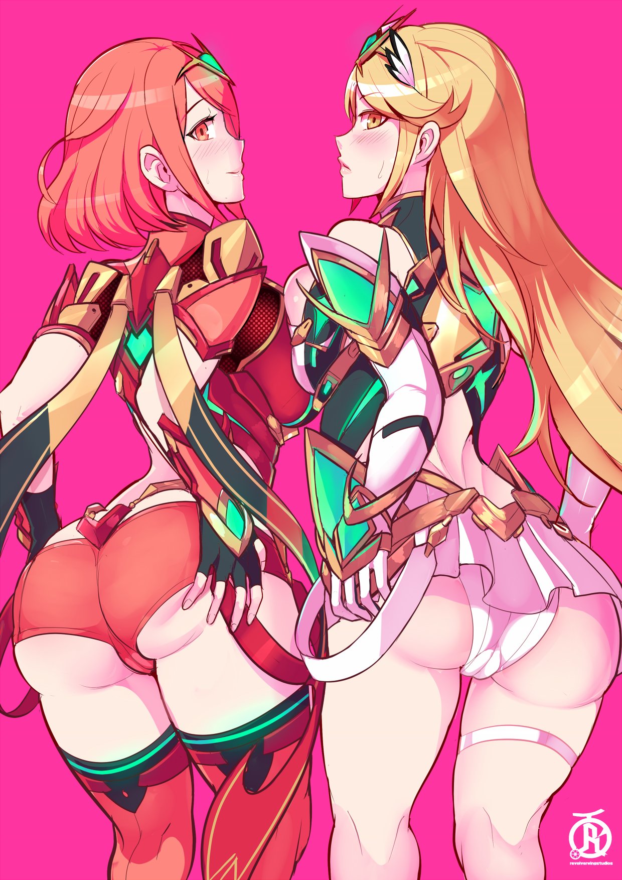 2girls, ass, blonde hair, breast press, breasts, color, embarrassed, excited, female, huge breasts, looking at viewer, multiple females, multiple girls, mythra, nervous, nintendo, panties, pyra, red hair, revolverwingstudios, standing, sweat, sweatdrop, thick thighs, xenoblade (series), xenoblade chronicles 2