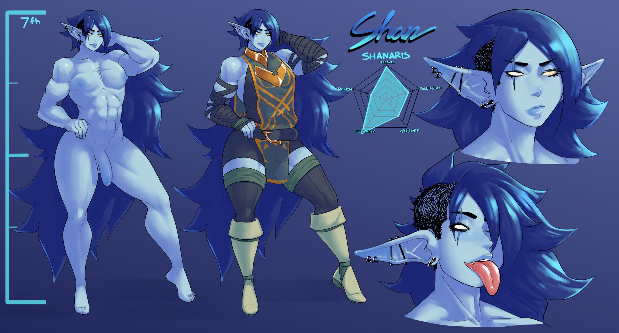 1boy, ambush (trap), arms behind head, axred7, barefoot, blue hair, blue skin, boots, clothing, ear piercing, earrings, elf ears, feet, femboy, gay, girly, looking at viewer, looking away, male, male only, muscular, muscular femboy, muscular male, naked, penis, penis under clothes, piercing, pointy ears, pose, posing, presenting, scar, scar across eye, shanaris, shaved side, solo, stats, thick thighs, tongue, tongue out, trap, white eyes, yaoi, yellow sclera