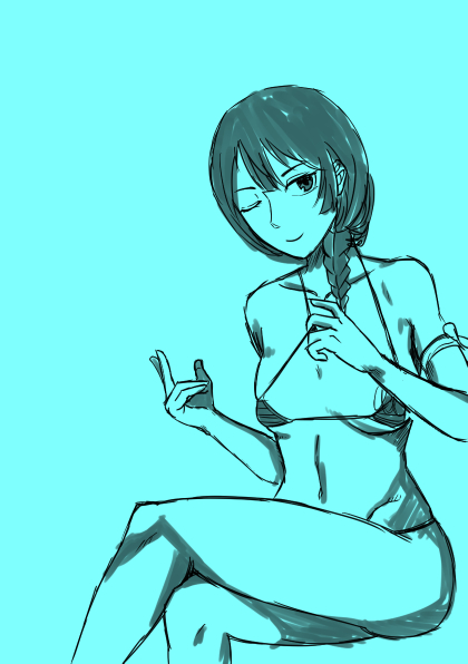 blue_background crossed_legs es_(alter_ego) fishbone_braid sketch skimpy_bikini tagme winking_at_viewer