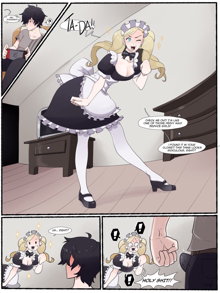 :3, 1boy, 1girls, ann takamaki, atlus, big penis, black hair, blonde hair, comic, erection, female, funny, heels, high heels, imminent sex, joker (persona), kinjero, light skin, light-skinned female, light-skinned male, long hair, maid, maid headdress, maid uniform, male, male/female, megami tensei, penis, persona, persona 5, ren amamiya, text, twintails, wink