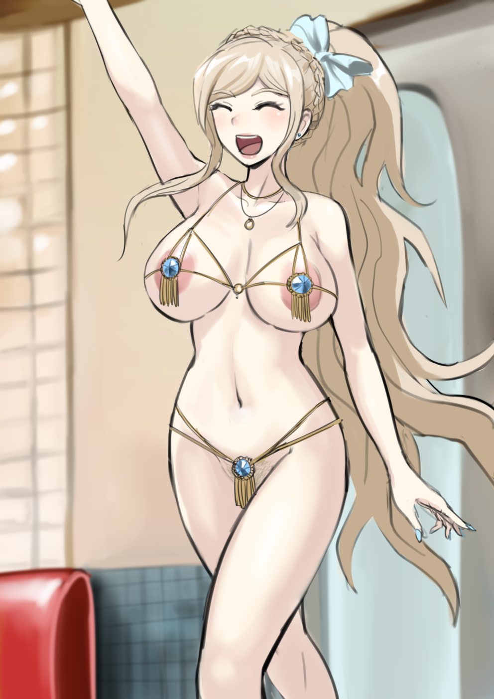 :d, akizora, alternate costume, alternate hairstyle, arm up, bangs, big breasts, bikini, bow, braid, breasts, busty, collarbone, danganronpa, danganronpa 2: goodbye despair, earrings, feet out of frame, female, female only, gem, hairbow, happy, highres, hourglass figure, huge breasts, indoors, jewelry, large breasts, long hair, micro bikini, nail polish, navel, necklace, nipples, open mouth, ponytail, shiny, shiny hair, skimpy, skimpy clothes, small bikini, smile, solo, sonia nevermind, straight hair, super danganronpa 2, swimsuit, teeth, upper teeth, venus bikini, voluptuous, voluptuous female, white bow