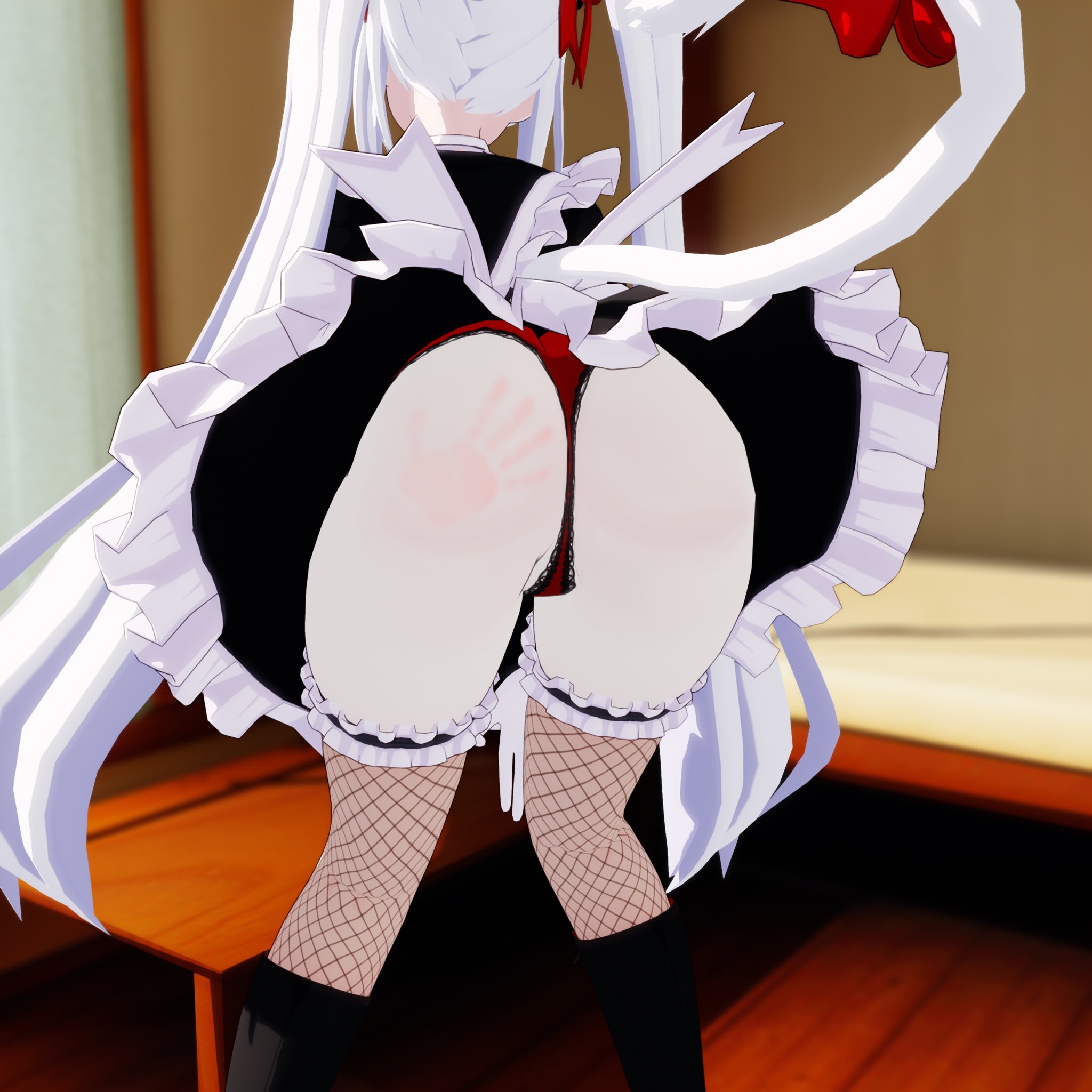 3d, ass, cat ears, cat tail, hand print, jjinomu, long hair, maid, maid uniform, panties, pantyshot, red panties, spanked, twintails, veibae, virtual youtuber, vshojo, white hair