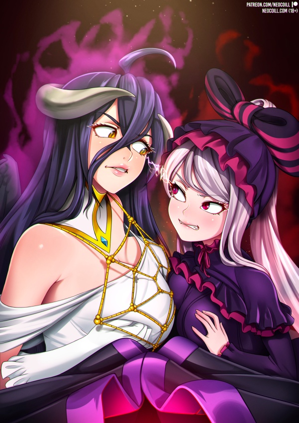 2girls ahoge albedo_(overlord) angry angry_stare aura bare_shoulders bow clenched_teeth clothed frills gloves gothic_lolita hair_between_eyes hands_on_own_breasts horn lightning_stare multiple_girls neocoill overlord_(maruyama) ponytail purple_aura red_aura red_eyes shalltear_bloodfallen slit_pupils staredown succubus vampire white_dress yellow_eyes