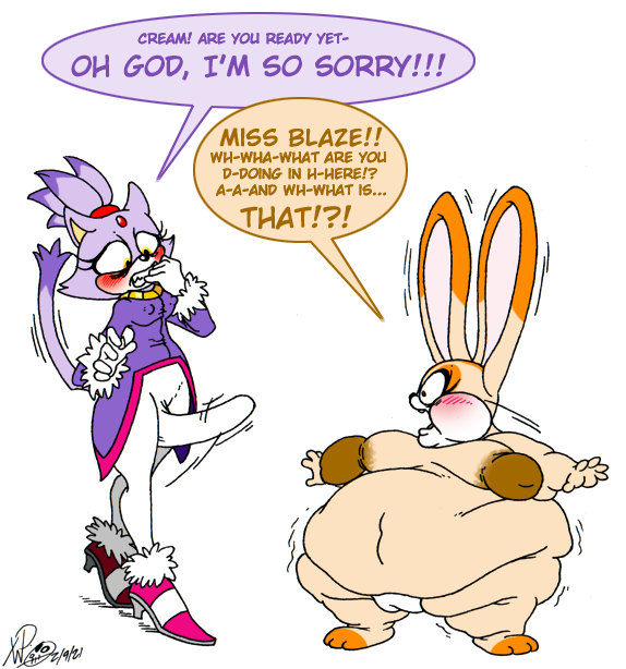 big_chungus blaze_the_cat brown_nipples cream_the_rabbit dickgirl domestic_cat ears_up erect_nipples fat female furry futanari hair looking_at_viewer nipples overweight purple_body rabbit shocked sonic_(series) tan_body transformation white_body xanderdwulfe