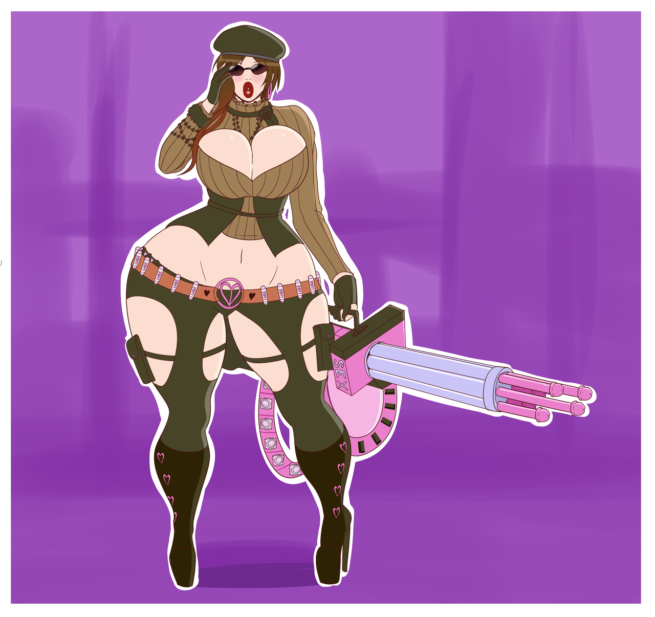 1girls, adjusting eyewear, adjusting glasses, annon, beret, bimbo, bimbofication, boots, breasts, brown hair, brown-tinted eyewear, cleavage, coco adel, dildo, earrings, female, female only, gianduja (rwby), high heel boots, high heels, hoop earrings, large breasts, lipstick, looking at viewer, red lipstick, rwby, short hair, sunglasses, thick thighs, thighhighs, tinted eyewear, wide hips