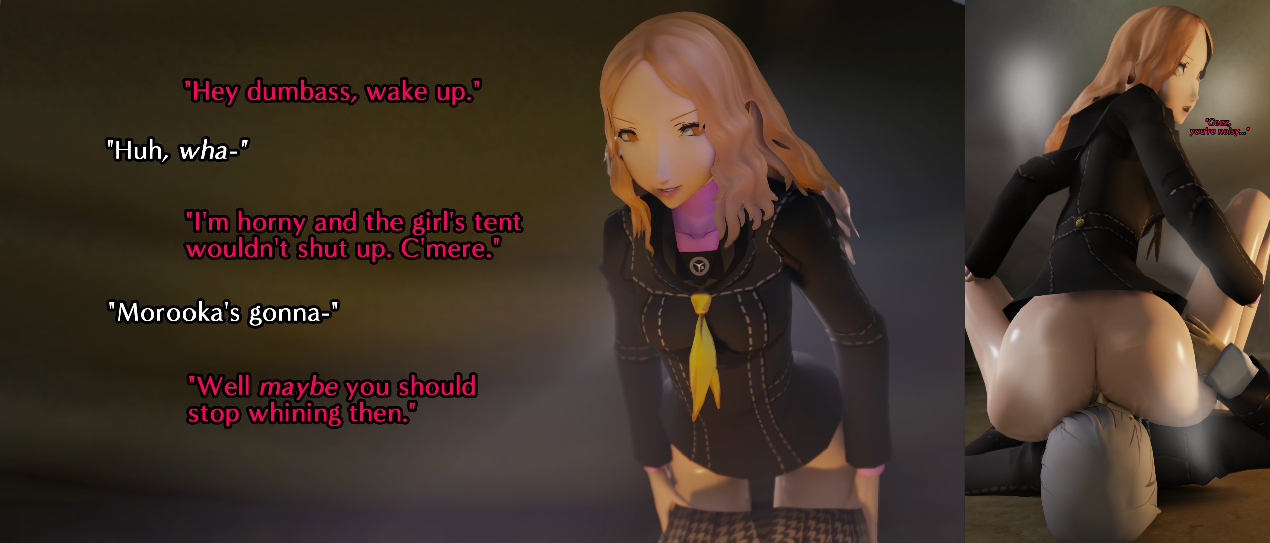 3d, amateurthrowaway, ass, atlus, dialogue, ebihara ai, male, narukami yu, persona, persona 4, text, undressing