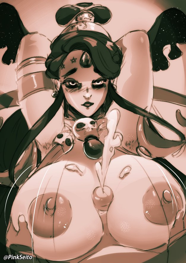 1boy, 1girls, alternate breast size, armpits, arms up, big breasts, blush, breasts, cum, cum between breasts, cumshot, ejaculation, ejaculation between breasts, female, hades (game), huge breasts, large breasts, long hair, looking at viewer, male, male pov, milf, monochrome, nyx (hades), paizuri, pinkseito, pov, pov eye contact, pov paizuri, projectile cum, straight