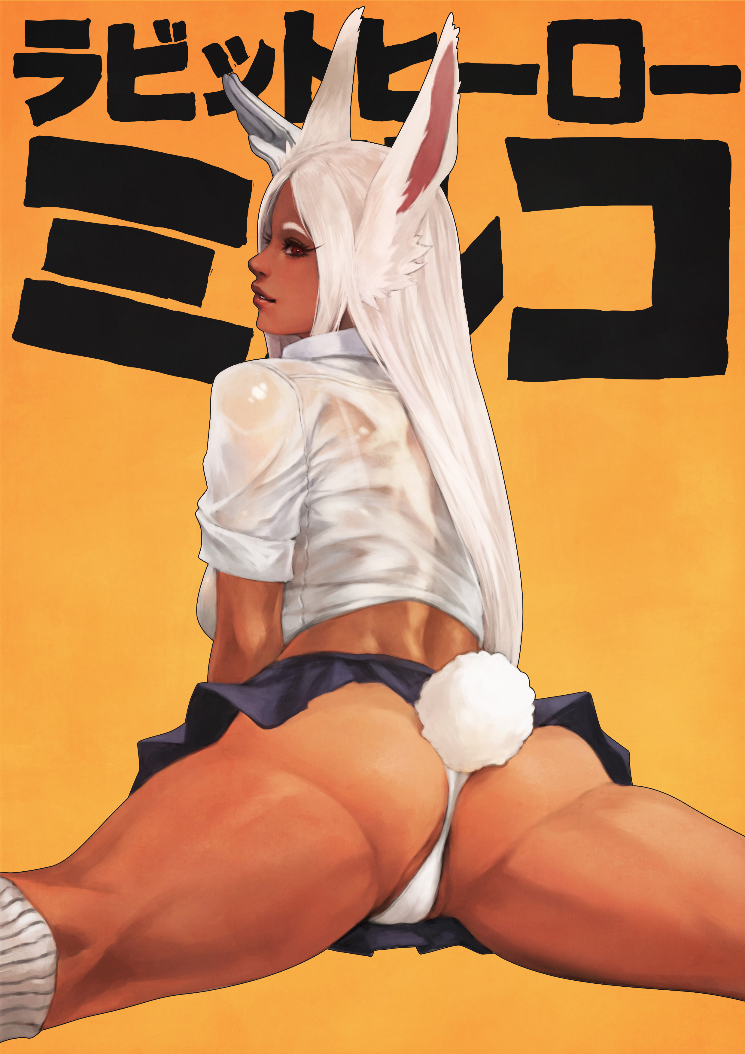 1girls, abs, absurdres, alternate costume, animal ears, anus, ass, ass focus, blue skirt, breasts, brunette, bunny ears, bunny girl, bunny tail, character name, commentary, dark skin, dark-skinned female, eyelashes, eyeshadow, female, female only, from behind, highres, japanese text, kanji, kneehighs, kneepits, large breasts, lips, long eyelashes, long hair, looking at viewer, looking back, makeup, miniskirt, miruko, monorirogue, muscular, muscular female, my hero academia, nose, orange background, panties, parted hair, partially visible vulva, pussy, rabbit girl, red eyes, ribbed legwear, rumi usagiyama, salute, school uniform, schoolgirl, see-through shirt, shirt, short sleeves, silver hair, skirt, skirt lift, solo, spread legs, tail, tail through clothes, thick eyebrows, thick thighs, thighs, thong, turning head, underwear, upskirt, wet, wet clothes, wet shirt, white background, white hair, white legwear, white panties, white shirt