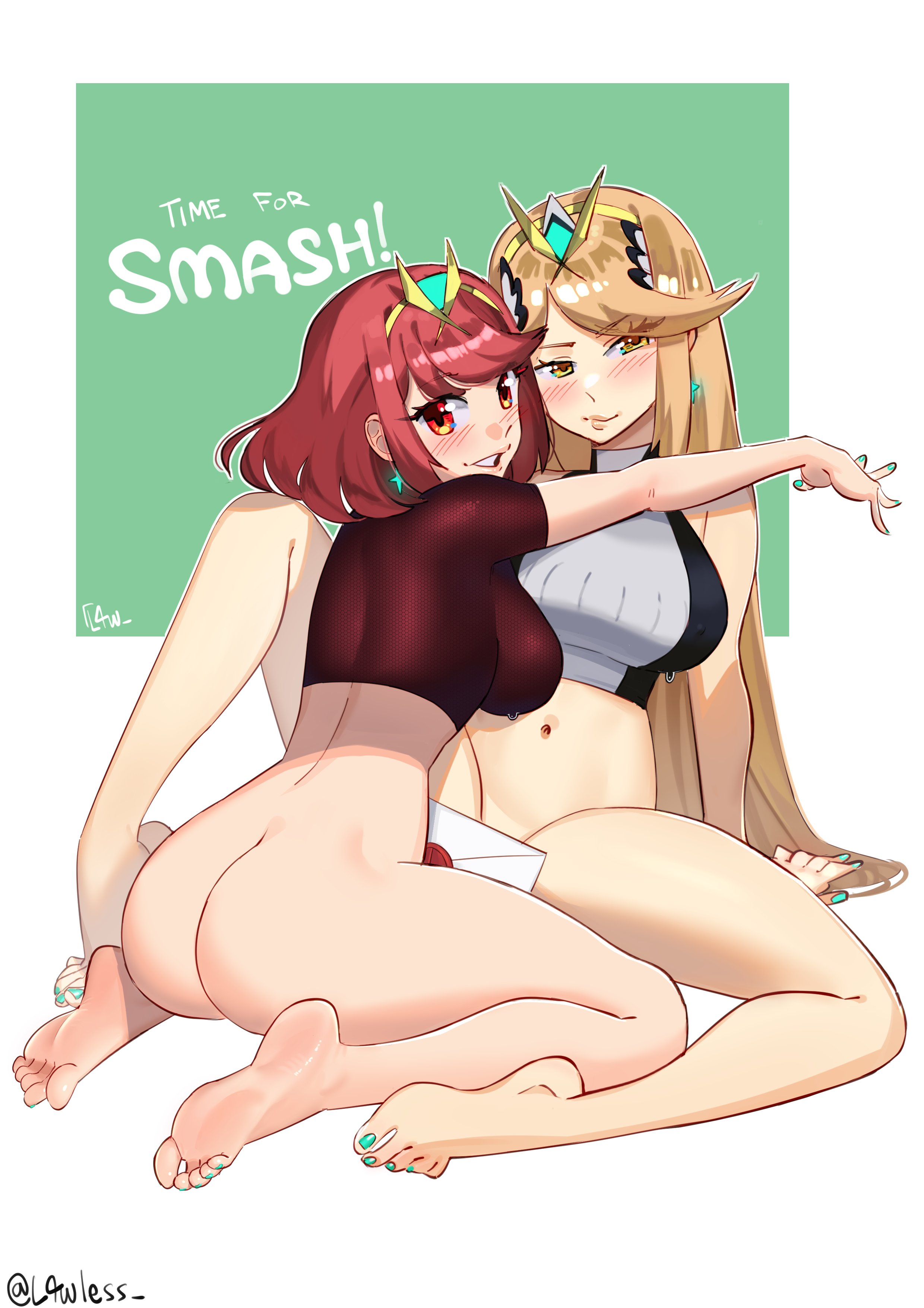 2girls, 5 fingers, 5 toes, ass, blonde hair, blush, bottomless, convenient censoring, female, female only, kneeling, l4wless, looking back, mythra, nintendo, painted nails, pyra, red eyes, red hair, smash invitation, spread legs, super smash bros., super smash bros. ultimate, xenoblade (series), xenoblade chronicles 2