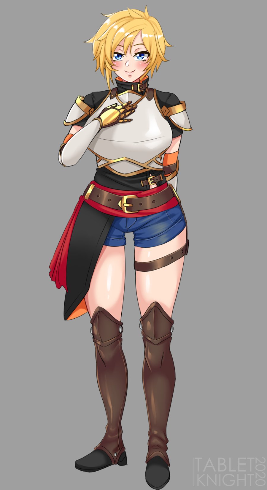 armor armpits belt belt_buckle blonde_hair blue_eyes blush boots breasts buckle closed_eyes denim denim_shorts female female_jaune_arc_(rwby) full_body gauntlets genderswap genderswap_(mtf) gloves grey_background highres human jaune_arc knee_boots large_breasts looking_at_viewer red_sash rule_63 rwby sash short_hair short_shorts short_sleeves shorts smile solo standing tabletknight thigh_strap thighs watermark