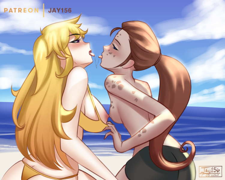 2girls, beach, bikini bottom, blonde hair, brown hair, female, ilia amitola, jay156, kissing, lesbian kiss, multiple females, multiple girls, nipples touching, ponytails, rwby, saliva string, skin markings, tongue, tongue out, yang xiao long, yuri