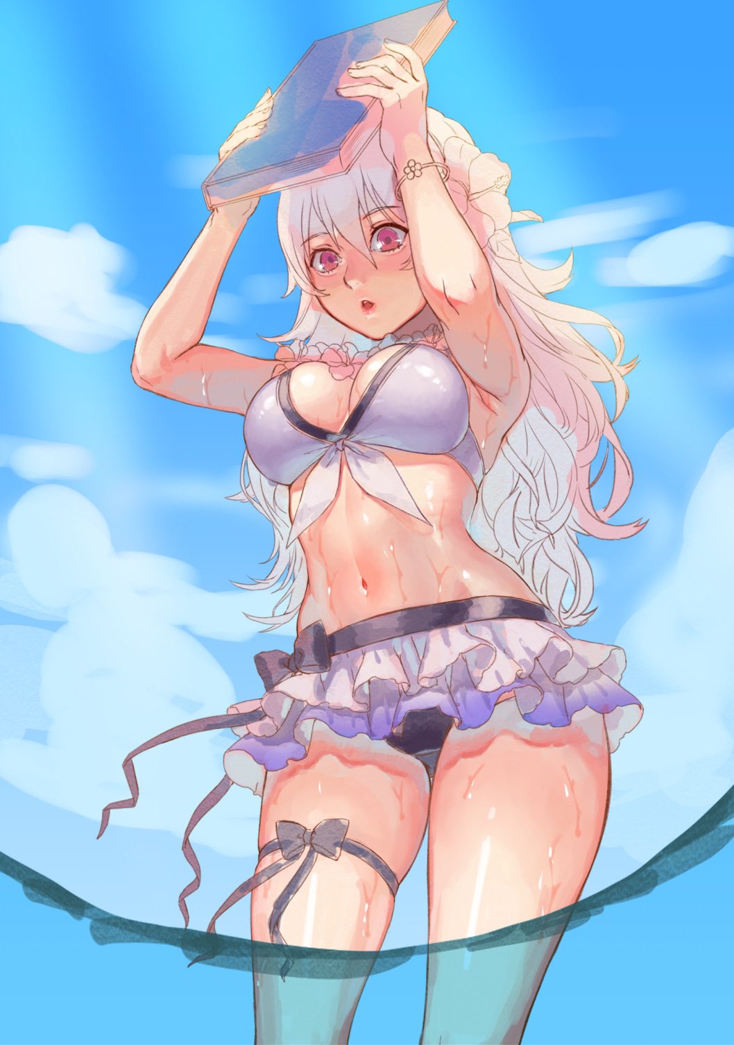 1girls, alternate costume, bikini, book, breasts, cloud, cloudy sky, corrin (fire emblem), corrin (fire emblem) (female), female, fire emblem, fire emblem fates, fire emblem heroes, highres, holding, long hair, medium breasts, nintendo, official alternate costume, red eyes, sky, solo, solo female, standing, suzuhiro, swimsuit, upper body, water, wet, white bikini, white hair, white swimsuit