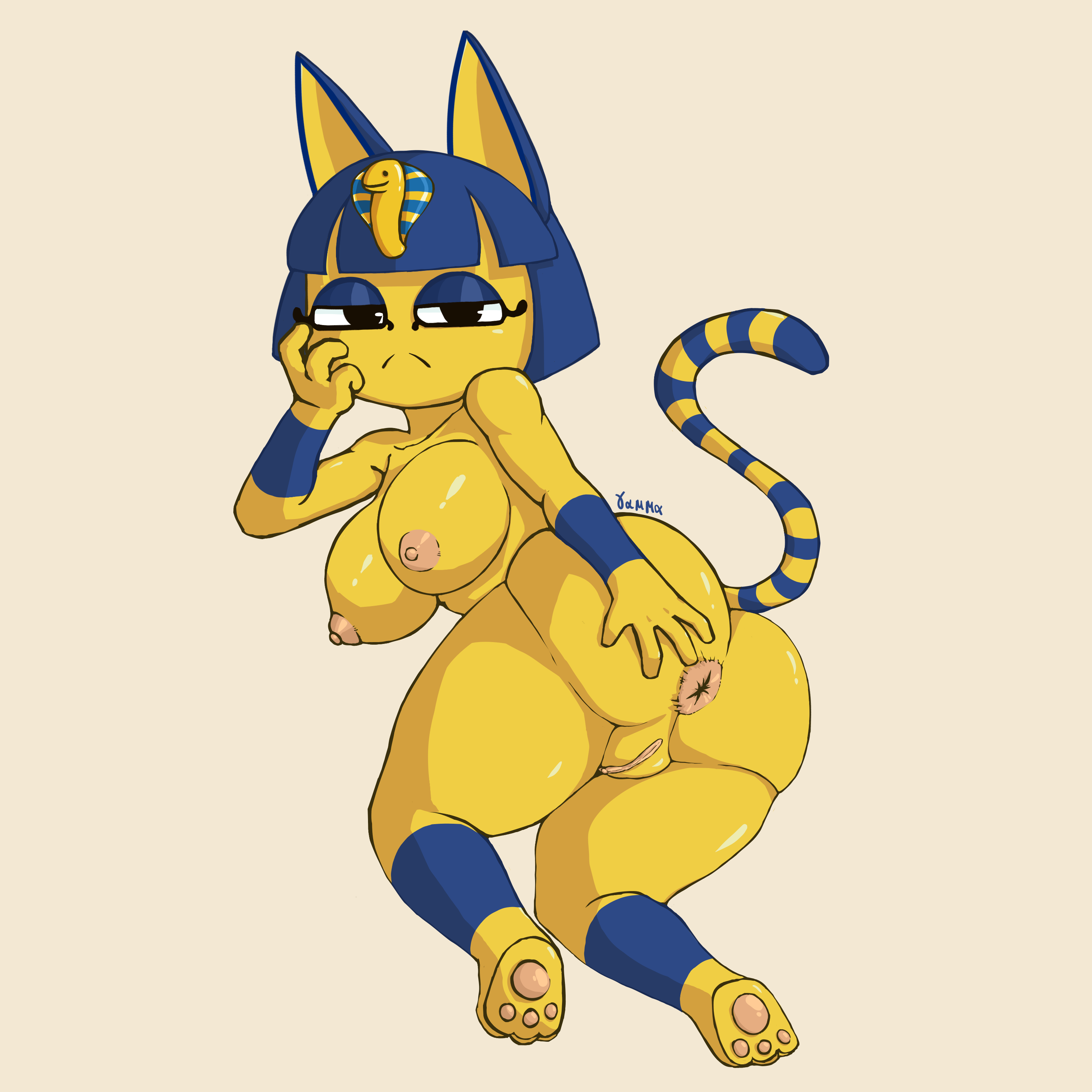 :<, 2021, absurd res, animal crossing, ankha, anthro, anus, ass, big breasts, breasts, cat ears, domestic cat, egyptian, felid, feline, felis, female, frown, fur, furry, furry only, gammainks, genitals, hi res, looking at viewer, looking back, mammal, naked, nintendo, nipples, nude, pussy, rear view, solo, solo female, spread ass, spread butt, spreading, tail, thick thighs, vagina, video games, wide hips, yellow fur
