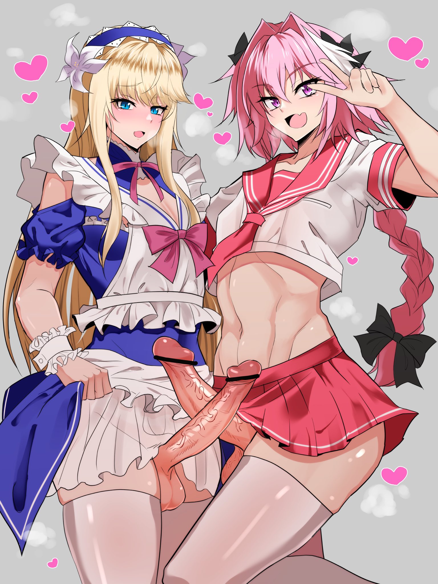 2boys, astolfo (fate), blonde hair, blush, braid, chevalier d'eon (fate), crossdressing, cute fang, erection, fate (series), female, femboy, girly, hung trap, long hair, maid, maid headdress, maid uniform, male, male only, pink hair, school uniform, schoolgirl, thighhighs, trap, v, wtwinmkii2nd