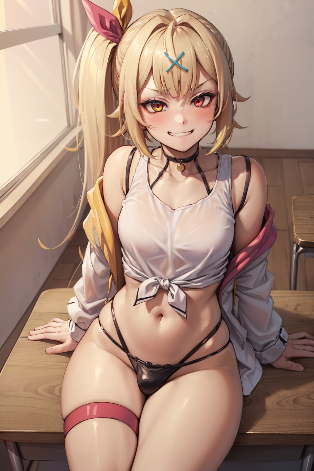1futa, ai generated, balls, balls bulge, blonde hair, blush, futanari, hoshikawa sara, intersex, nijisanji, panties, penis, penis bulge, shirt, smile, teeth, teeth showing, virtual youtuber, vtuber, wide hips