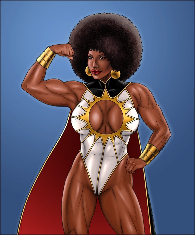 1girls abs afro big_breasts black_eyes black_hair breasts cape dark-skinned_female dark_skin earrings female gold gold_wristband high-heeled_jill lipstick looking_at_viewer muscle muscles muscular_female original original_character red_lipstick showing_off simple_background superheroine voluptuous wristband wristbands