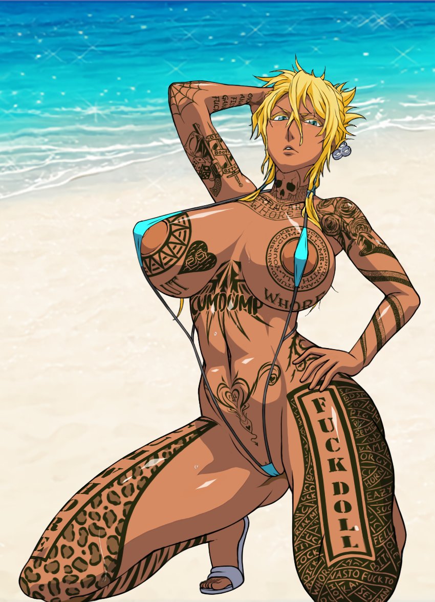 areolae, beach, big breasts, bleach, breast tattoo, breasts, busty, edit, erect nipples, female, female focus, female only, hourglass figure, large breasts, micro bikini, monkeyman (artist), nipples, outdoors, screenshot edit, skimpy, skimpy bikini, solo, tagme, tia harribel, wide hips