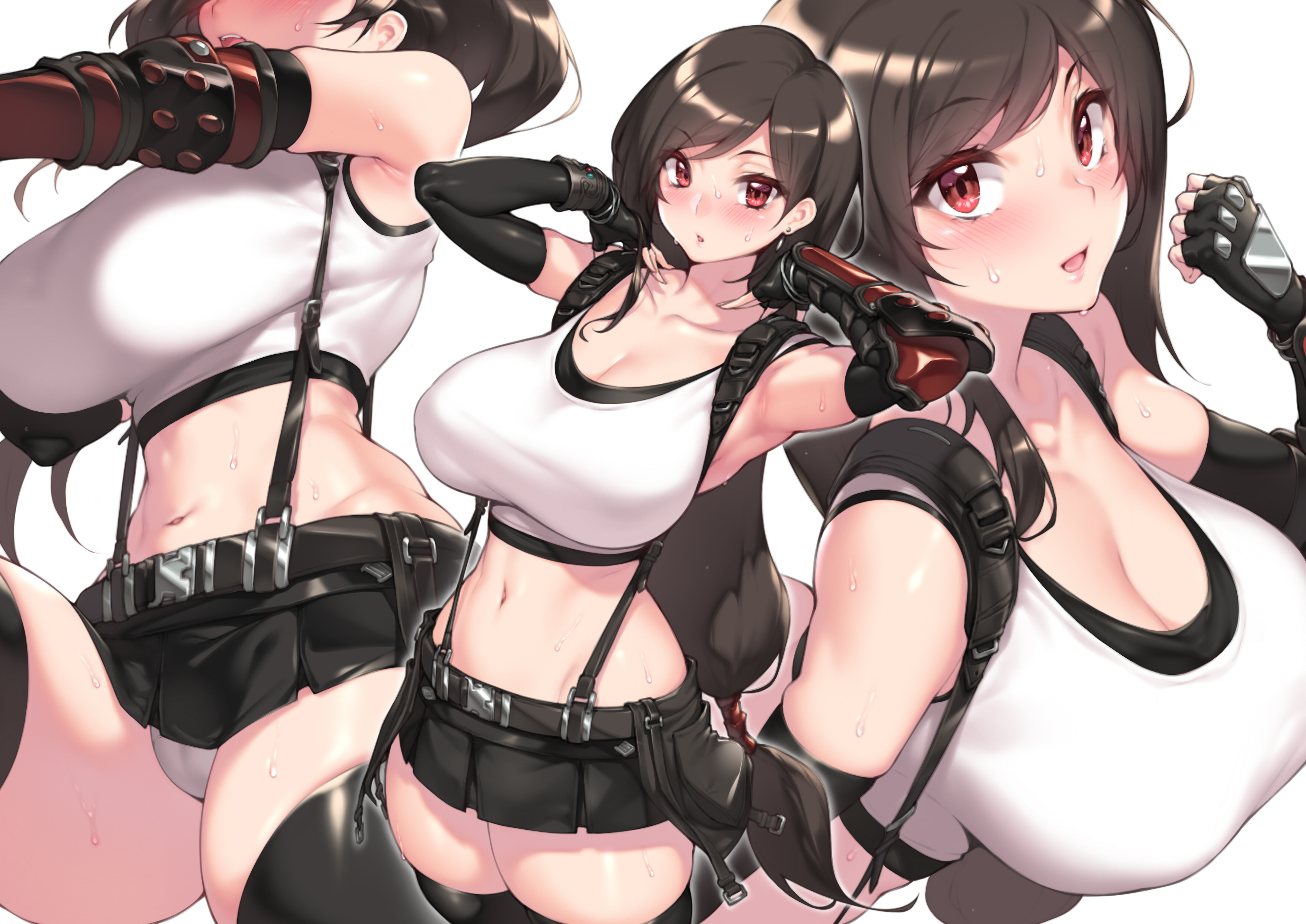 1girls, absurd res, arm guards, bangs, bare shoulders, black hair, black skirt, blush, breasts, clavicle, cleavage, earrings, elbow gloves, female, final fantasy, final fantasy vii, final fantasy vii remake, fingerless gloves, fuya (tempupupu), gloves, hi res, jewelry, large breasts, long hair, looking at viewer, low-tied long hair, open mouth, red eyes, skirt, suspender skirt, suspenders, tied hair, tifa lockhart