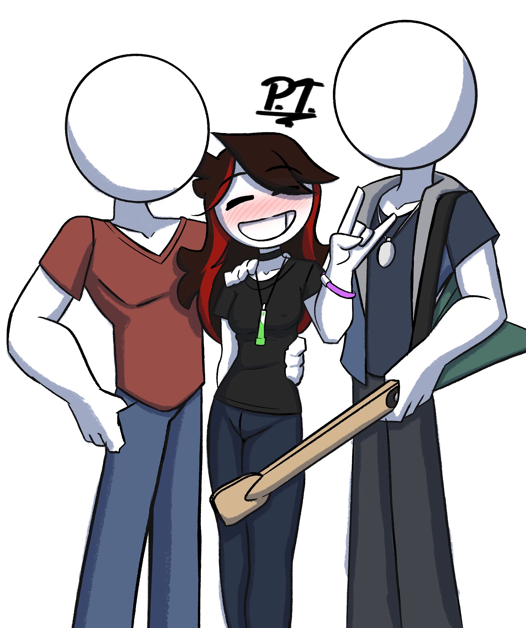 1girls, 2boys, black shirt, blush, brown hair, clothing, color, dyed hair, female, fully clothed, guitar, happy female, height difference, horny female, jaiden, jaiden animations, jonathanpt, long hair, male, pose, smile, white skin, youtube, youtuber