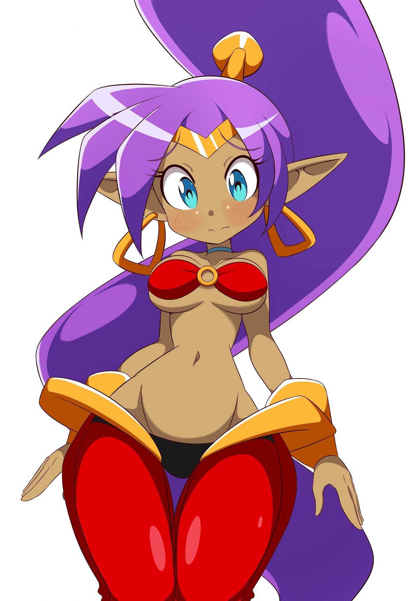 1girls, artist request, breasts, cleavage, clothed, female, female only, image artifacts, large breasts, midriff, rubber, rubber clothing, rubber pants, shantae, shantae (character), shiny clothes, smooth fur, solo, thin waist, white background, wide hips
