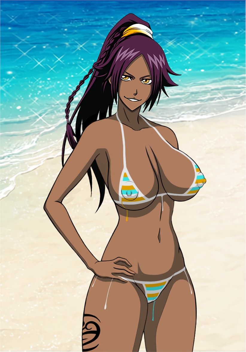 areolae beach big_breasts bleach breasts busty edit erect_nipples female female_focus female_only hourglass_figure large_breasts micro_bikini monkeyman_(artist) nipples outdoors screenshot_edit shihouin_yoruichi skimpy skimpy_bikini solo tagme wide_hips yellow_eyes