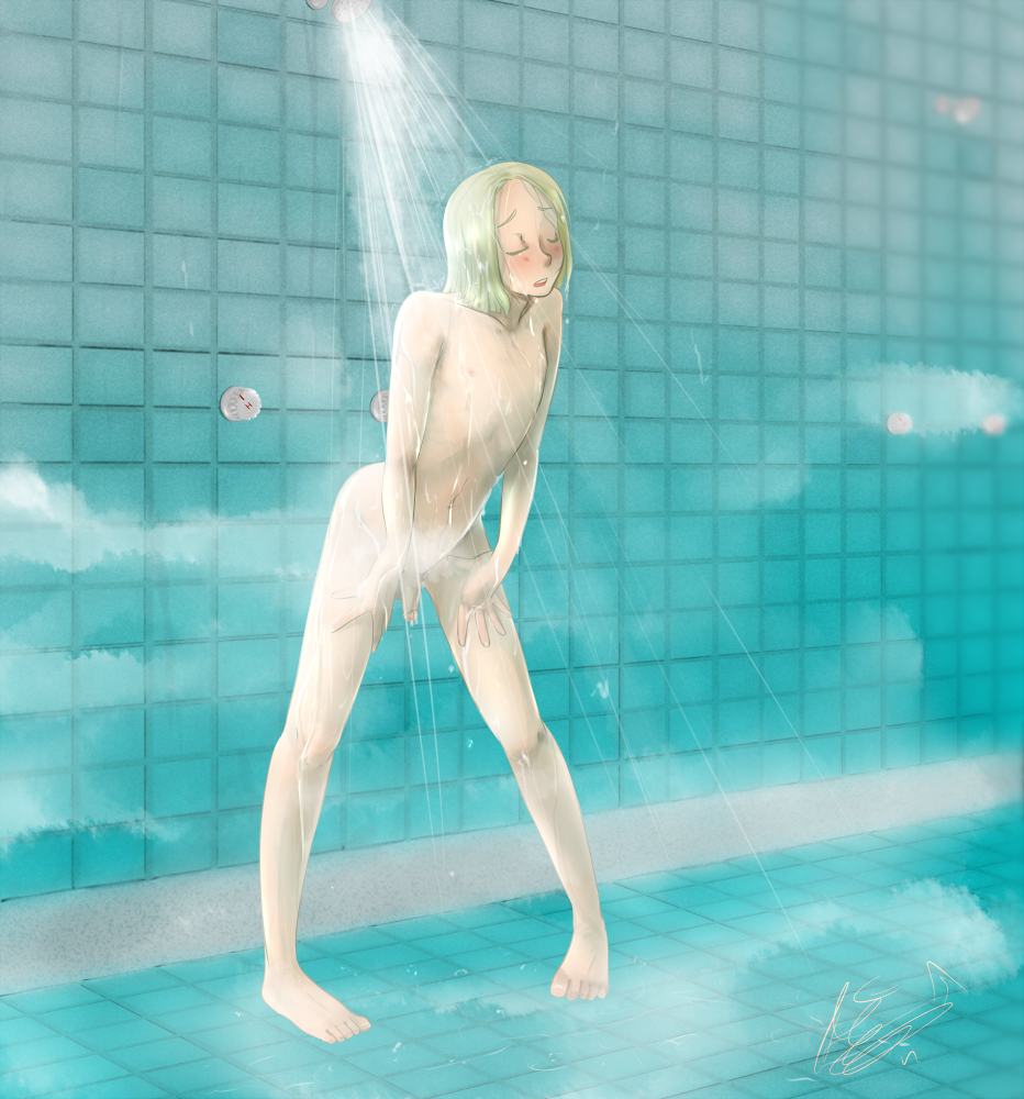 1boy androgynous axis_powers_hetalia feliks_lukasiewicz flushed hanging_penis male_only naked petite poland_(hetalia) sayame shower showering solo spreading