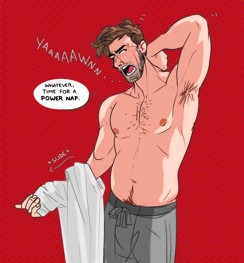 1boy, armpits, biceps, brown eyes, dad bod, half-dressed, male, male only, marvel, marvel comics, noodlesins, pecs, peter b parker, pubic hair, solo, spider-man, spider-man (series), straight hair, stretching, stubble