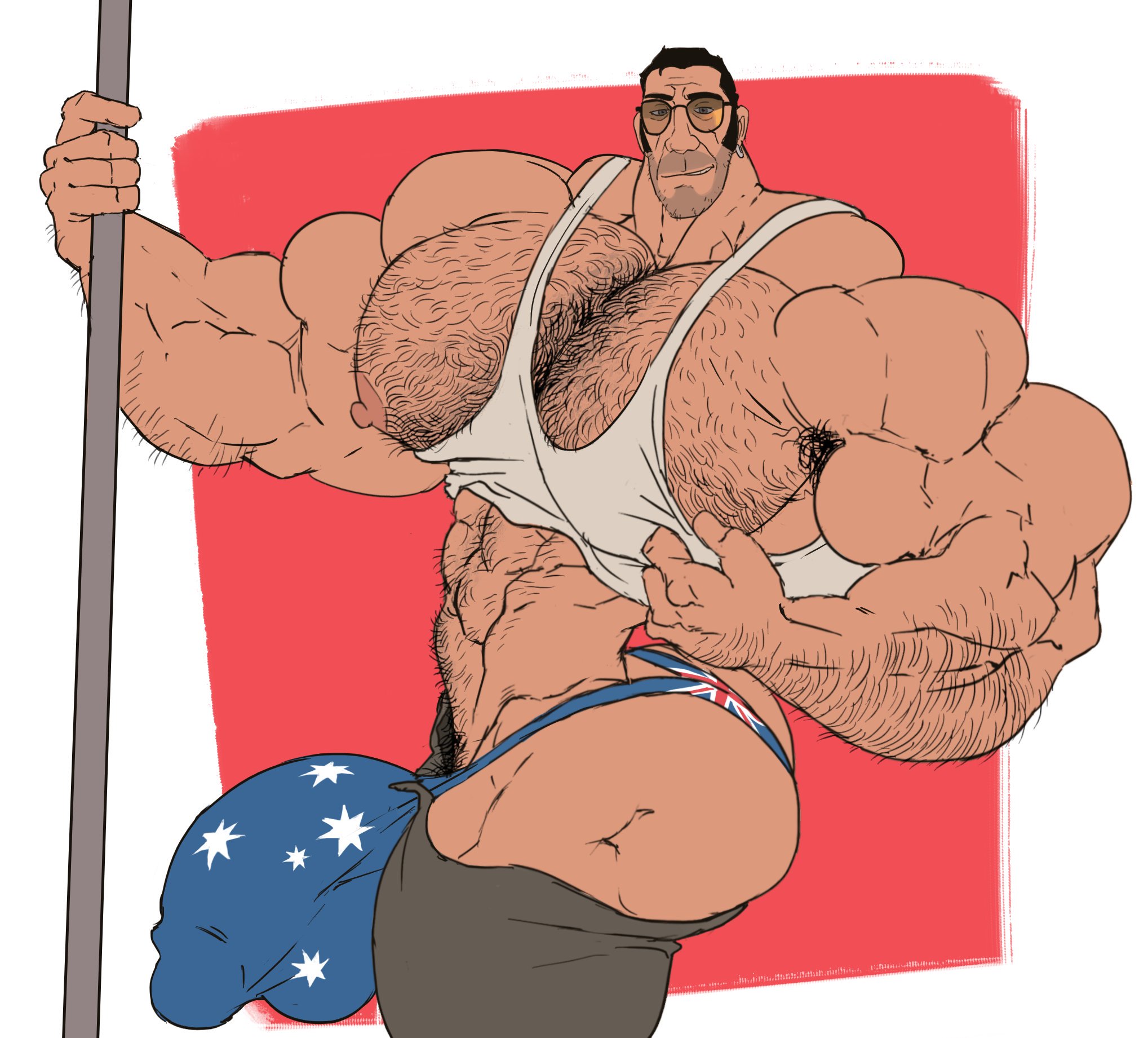 abs, arm hair, armpit hair, ass, ass out, bara, body hair, bulge, chest hair, ear piercing, ear ring, earring, facial hair, five o'clock shadow, flaccid, gay, huge cock, human, hyper, hyper ass, hyper butt, hyper muscles, looking at viewer, male, male only, male stripper, muscles, muscular, muscular male, nipples, open fly, penis, pole, pubic hair, remert, side view, sideburns, sniper (team fortress 2), solo, speedo, stripper pole, tank top, team fortress 2, thong, valve, yaoi