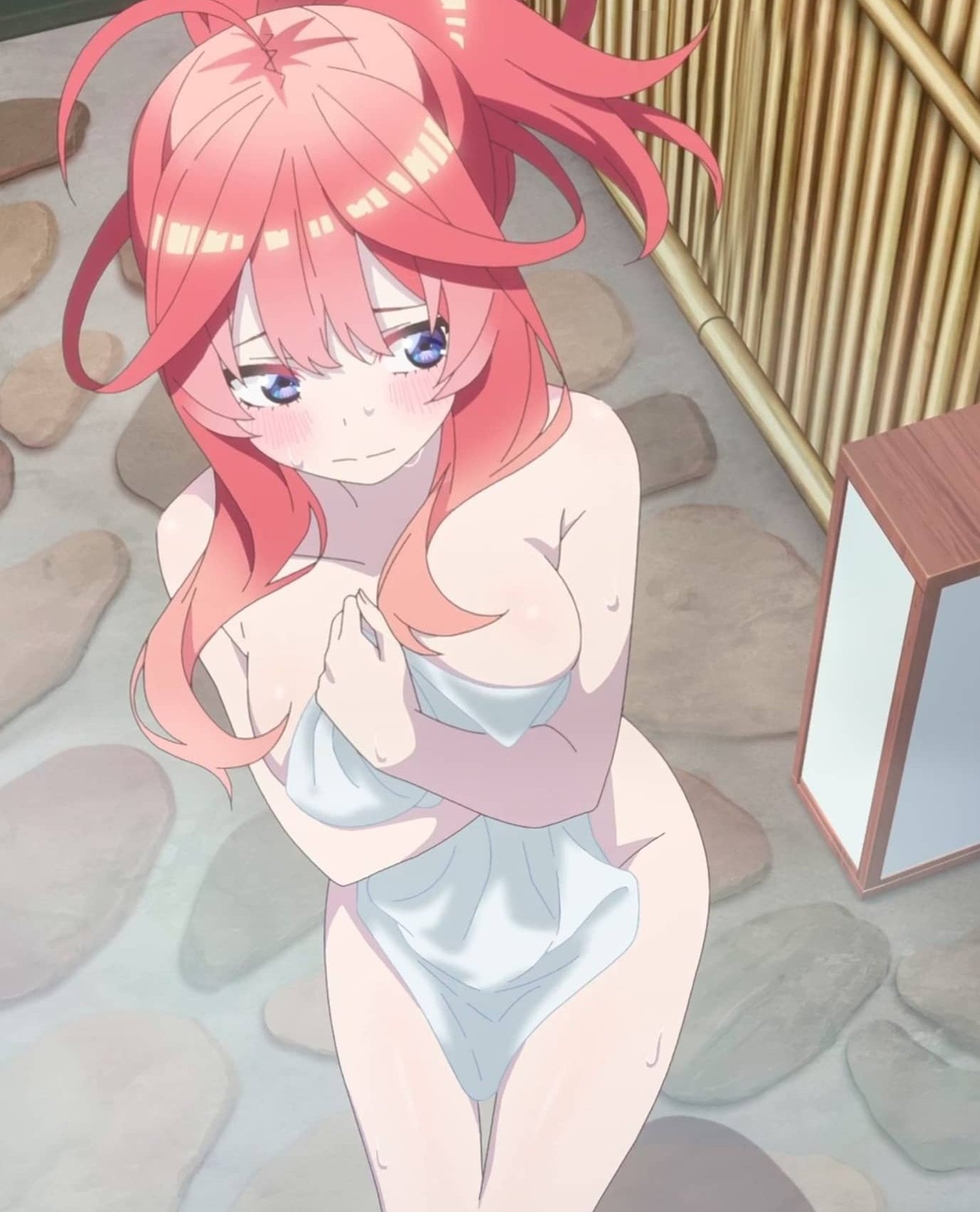 big_breasts censored_breasts chubby embarrassed female go-toubun_no_hanayome hot_water mixed_bathing nakano_itsuki red_hair softcore solo towel towel_only