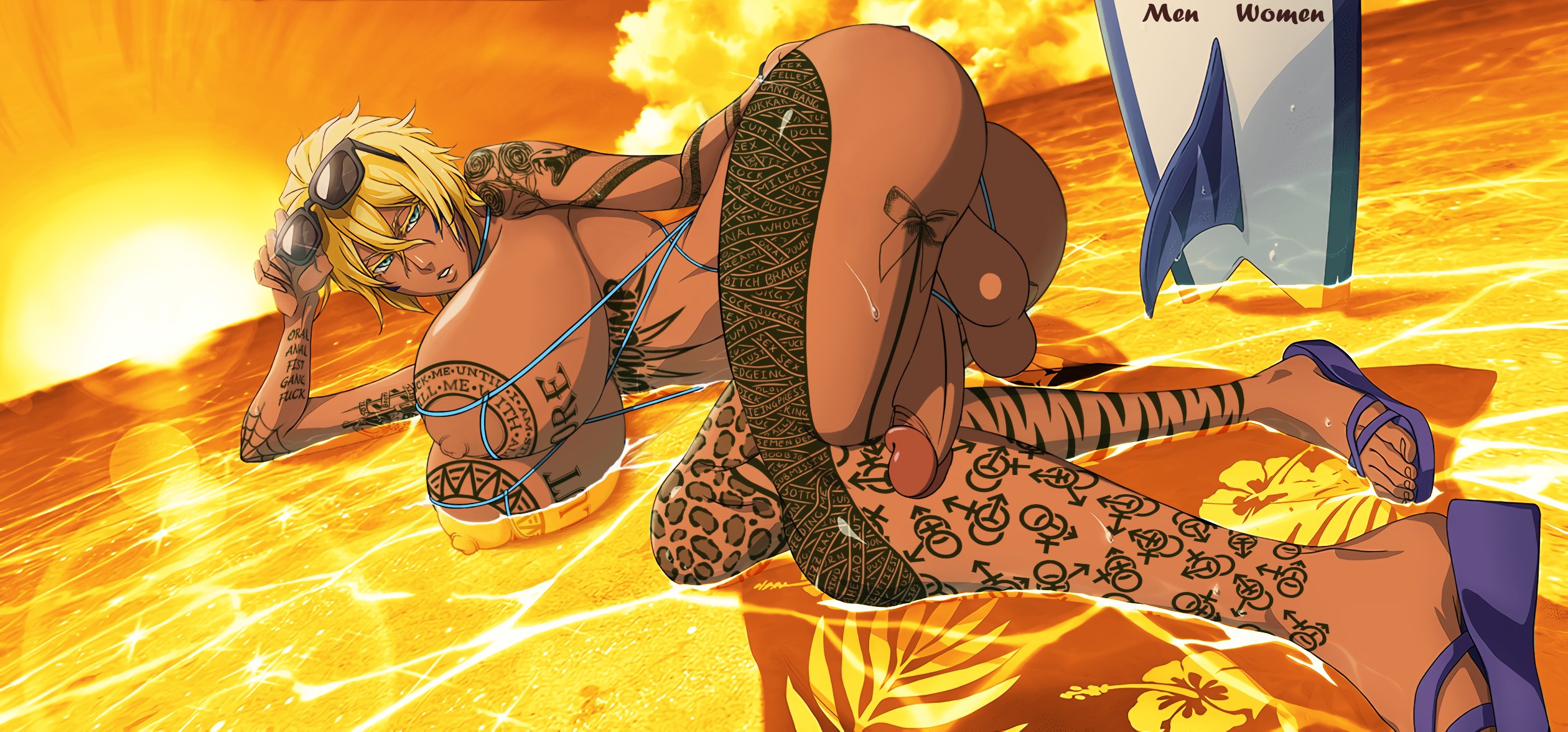 1futa, areolae, balls, beach, big breasts, big penis, bleach, blonde hair, breast tattoo, breasts, busty, cock-tail, dark skin, detailed background, edit, erect nipples, erection, eyewear on head, futa only, futanari, glasses, glasses on head, hourglass figure, human, intersex, large breasts, micro bikini, monkeyman (artist), naked footwear, nipples, nude, on side, open toe shoes, outdoors, penis, screenshot edit, skimpy, skimpy bikini, solo, sunglasses, sunglasses on head, surfboard, tattoo, tia harribel, water, wide hips