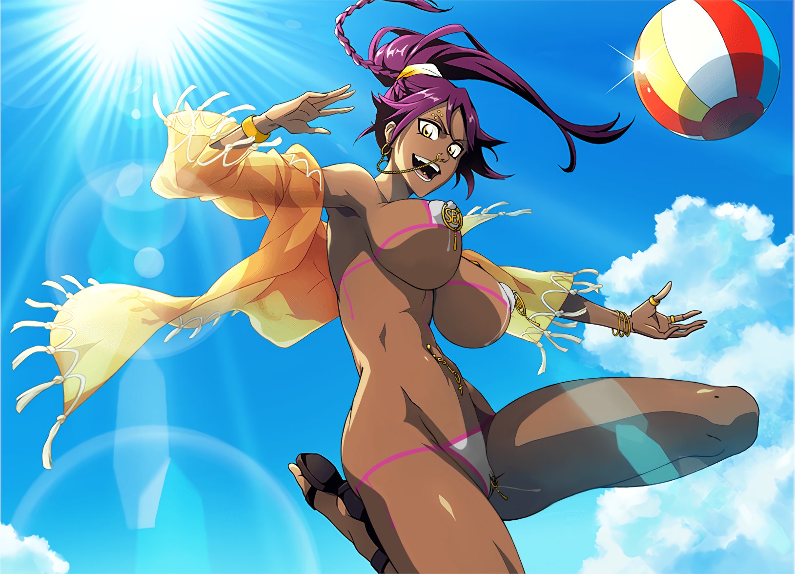 areolae, armpits, arms up, beach, beach ball, big breasts, bleach, breasts, busty, edit, erect nipples, female, female focus, female only, hourglass figure, large breasts, micro bikini, monkeyman (artist), nipples, open toe shoes, outdoors, screenshot edit, shihouin yoruichi, skimpy, skimpy bikini, solo, tagme, wide hips