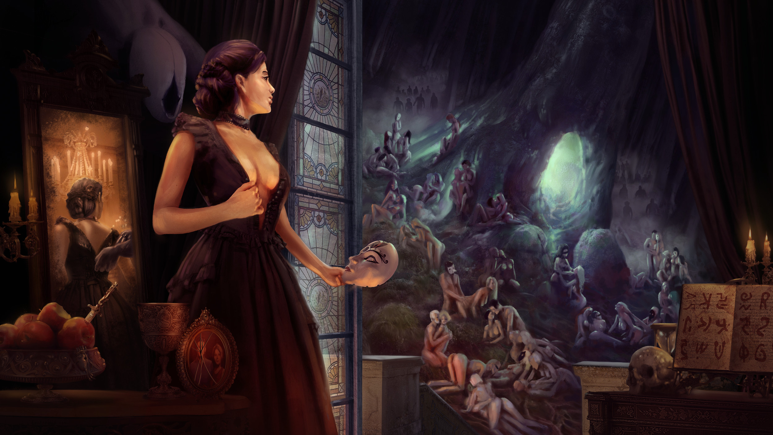 amanda moon, ass, candle, cleavage, dress, female, lust for darkness, lust from beyond, male, mask, mirror, multiple boys, multiple females, multiple girls, multiple males, nude, nude female, nude male, official art, orgy, realistic, skull