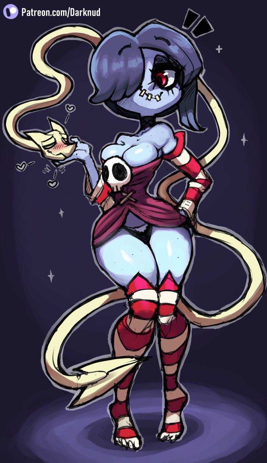 1girls, 2021, breasts, cleavage, darknud, female, female focus, female only, hair over one eye, leviathan (skullgirls), panties, purple background, purple body, purple eyes, purple hair, purple skin, short hair, skullgirls, squigly, thighs