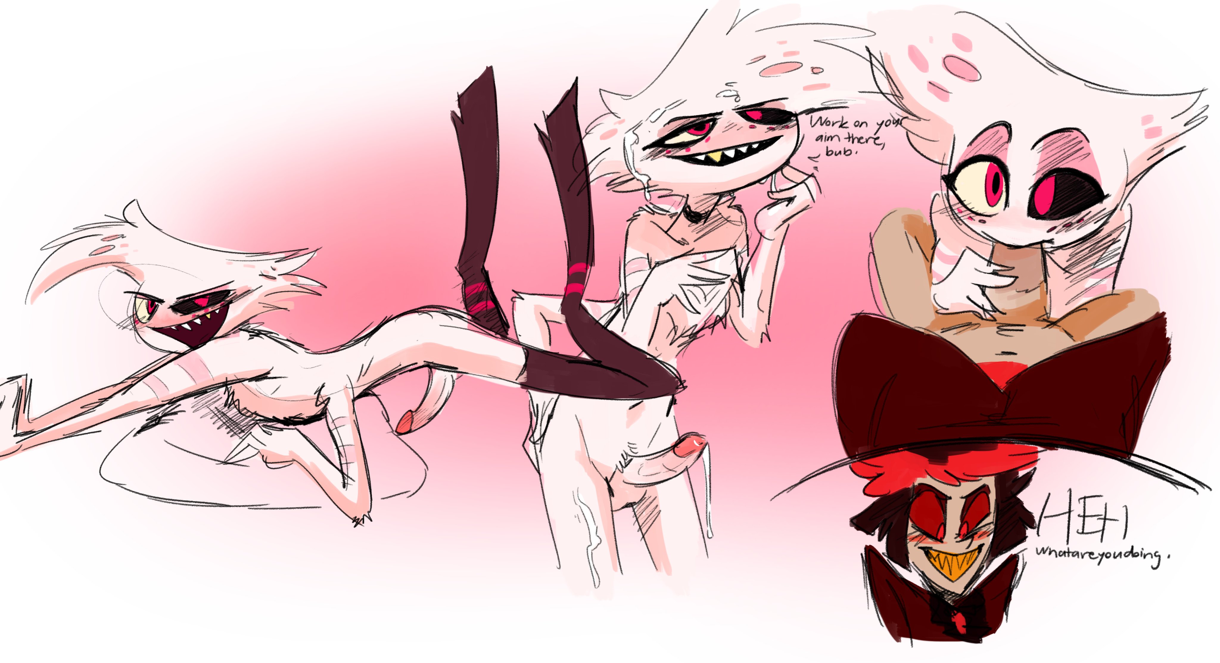 2boys, alastor (hazbin hotel), angel dust (hazbin hotel), ass, balls, blush, cum, cum on face, cum on lower body, fellatio, hazbin hotel, laying down, male, nude, nude male, oral, penis, spider, spread legs, testicles, touching penis, vivienne medrano, white hair, yaoi