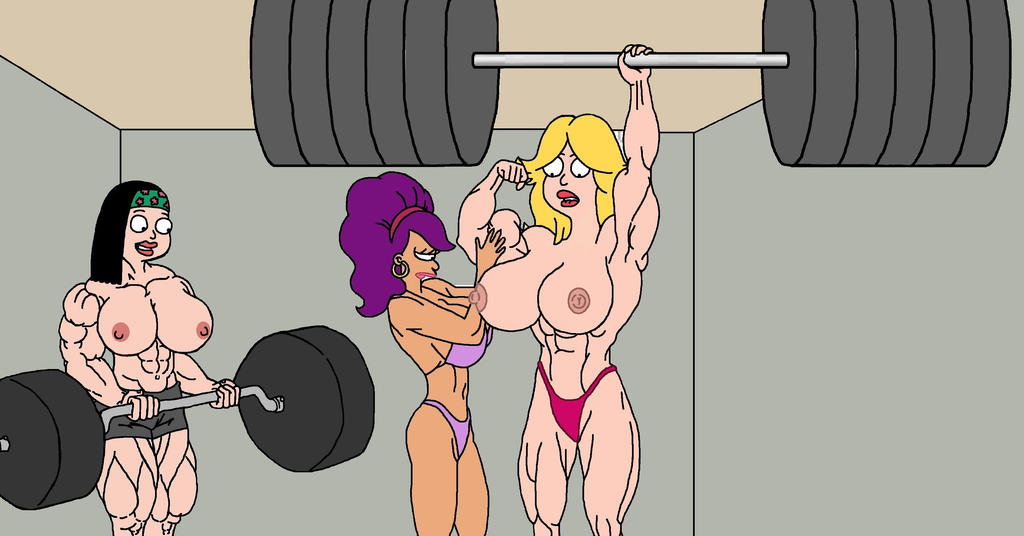 abs alternate_breast_size american_dad big_breasts bike_shorts bikini blonde_hair bodybuilder charfrog crossover earrings francine_smith futurama hayley_smith huge_breasts hyper_muscles mother_and_daughter multiple_girls muscular muscular_female purple_hair topless turanga_leela