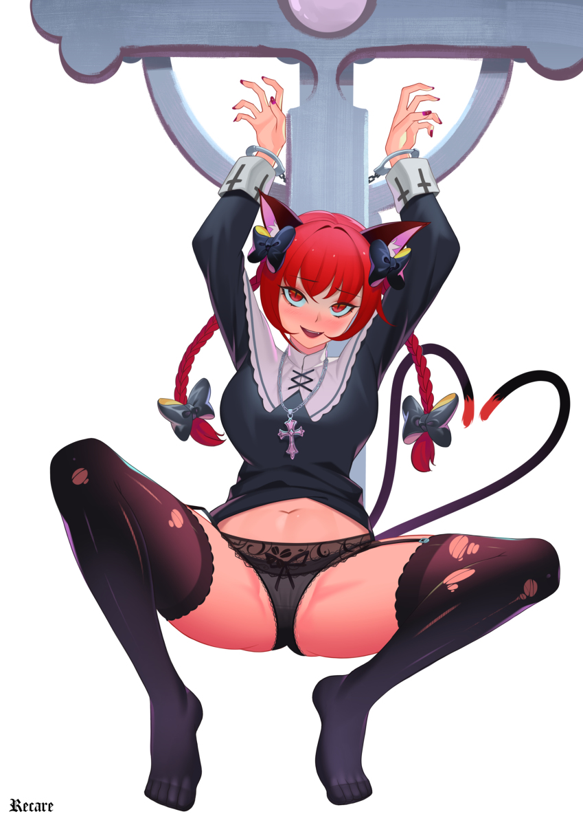 animal_ears arms_above_head arms_up black_panties blush bondage dress_lift fangs garter_belt garter_straps multiple_tails navel nekomata nekomimi nun_outfit panties partially_visible_vulva recare red_eyes red_hair rin_kaenbyou spread_legs stockings tagme tail thighhighs torn_clothes torn_stockings torn_thighhighs touhou