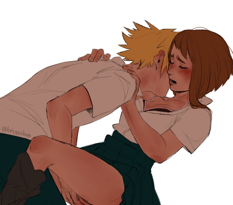 1boy, 1girls, blonde hair, blonde-haired male, bra, brown hair, brown-haired female, cleavage, clothed, clothing, denki kaminari, eyes closed, female, fingering, fingering down front, fingering pussy, fingering under clothes, hand between legs, hand under clothes, hand under skirt, handjob, krisschan, male, male/female, my hero academia, ochako uraraka, open mouth, open shirt, passionate, pleasure face, pleasured, pussy, school uniform, schoolboy, schoolgirl, skirt, straight, under skirt
