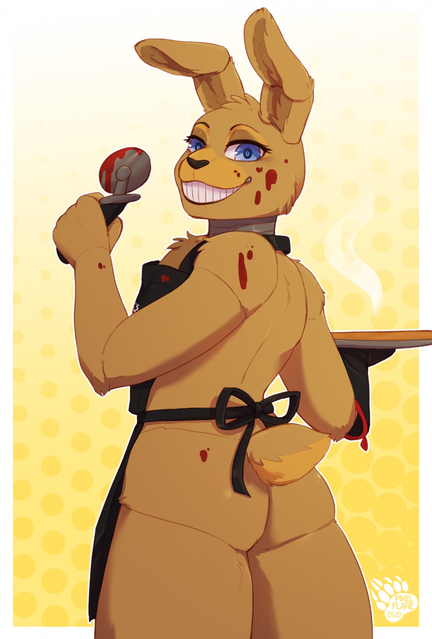 1boy 2020 abstract_background animatronic anthro apron ass black_nose blood blood_on_arm blood_on_body blood_on_butt blood_on_face blood_on_shoulder blood_on_weapon blue_eyes bodily_fluids border clothed clothing crust eyelashes fazbear_frights femboy five_nights_at_freddy's five_nights_at_freddy's:_fazbear_frights food fur girly handwear hi_res holding_food holding_weapon into_the_pit lagomorph leporid long_ears looking_at_viewer looking_back machine male male_only mammal mostly_nude oven_mitts pit_spring_bonnie_(fnafitp) pixelflare pizza pizza_crust pizza_cutter plate portrait presenting presenting_hindquarters rabbit raised_arm robot scut_tail short_tail simple_background smile solo spring_bonnie spring_bonnie_(fnaf) standing steam teeth thick_thighs two_tone_tail video_games white_background white_border yellow_background yellow_body yellow_ears yellow_fur yellow_tail