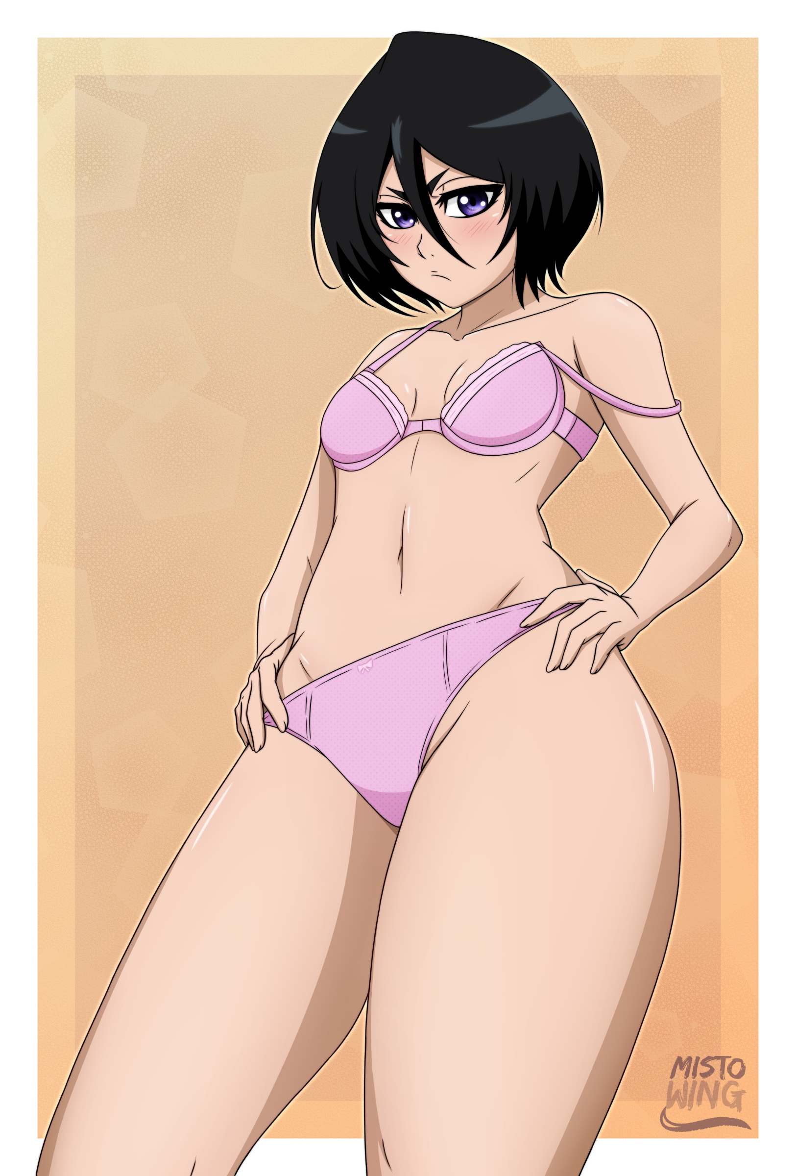 1girls, bare shoulders, black hair, bleach, bra, breasts, female, female only, hands on hip, kuchiki rukia, long hair, looking at viewer, mistowing, off shoulder, panties, purple eyes, strap slip, thick thighs, underwear, wide hips