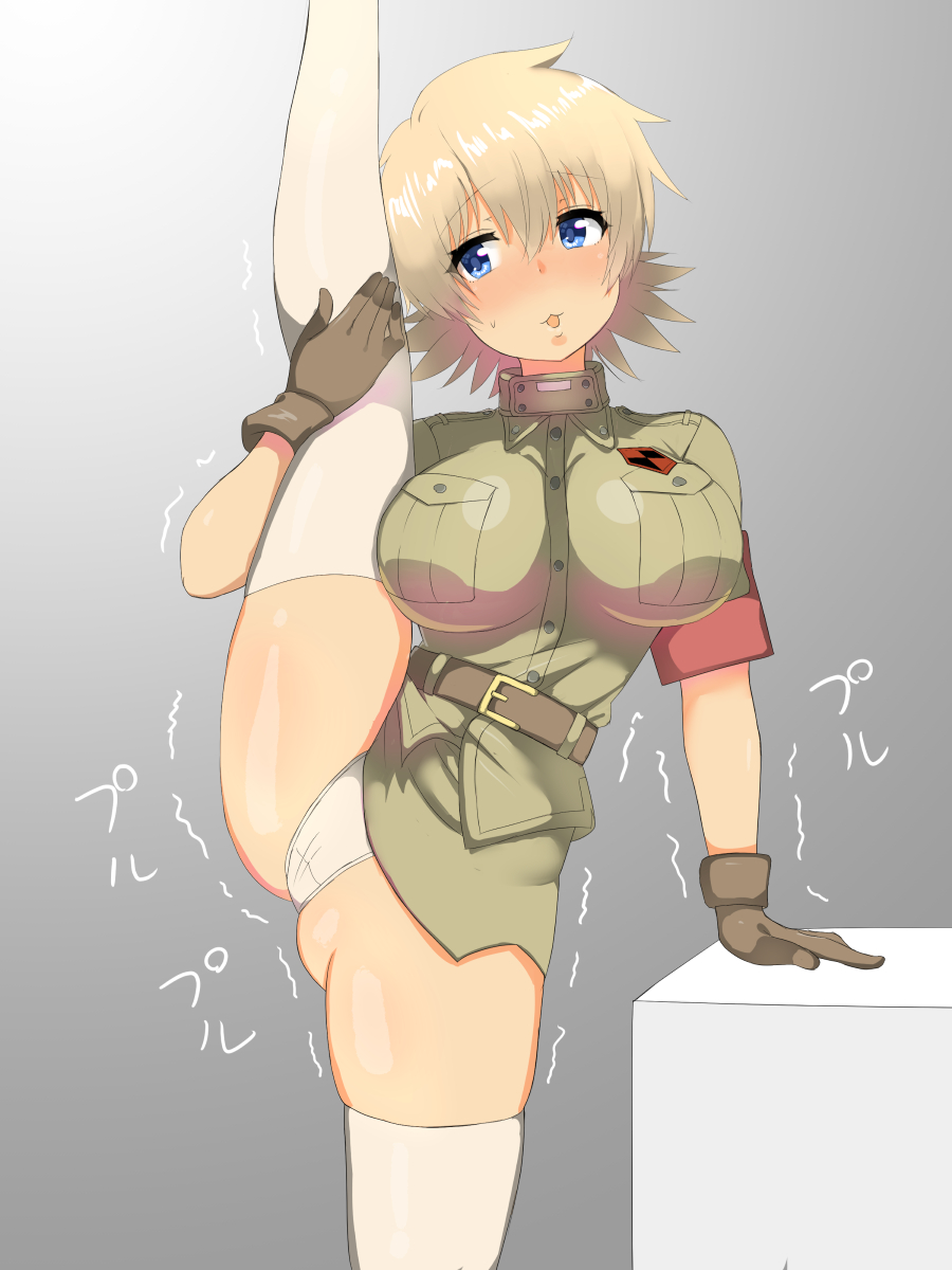 :3, 1girls, artist request, big breasts, blonde hair, blue eyes, blush, breasts, clothed, clothed female, clothes, clothing, female, female only, gloves, hellsing, large breasts, leg grab, leg lift, leg up, military uniform, panties, seras victoria, short hair, solo, solo female, splits, tagme, thighhighs, trembling, uniform, vertical splits, white panties