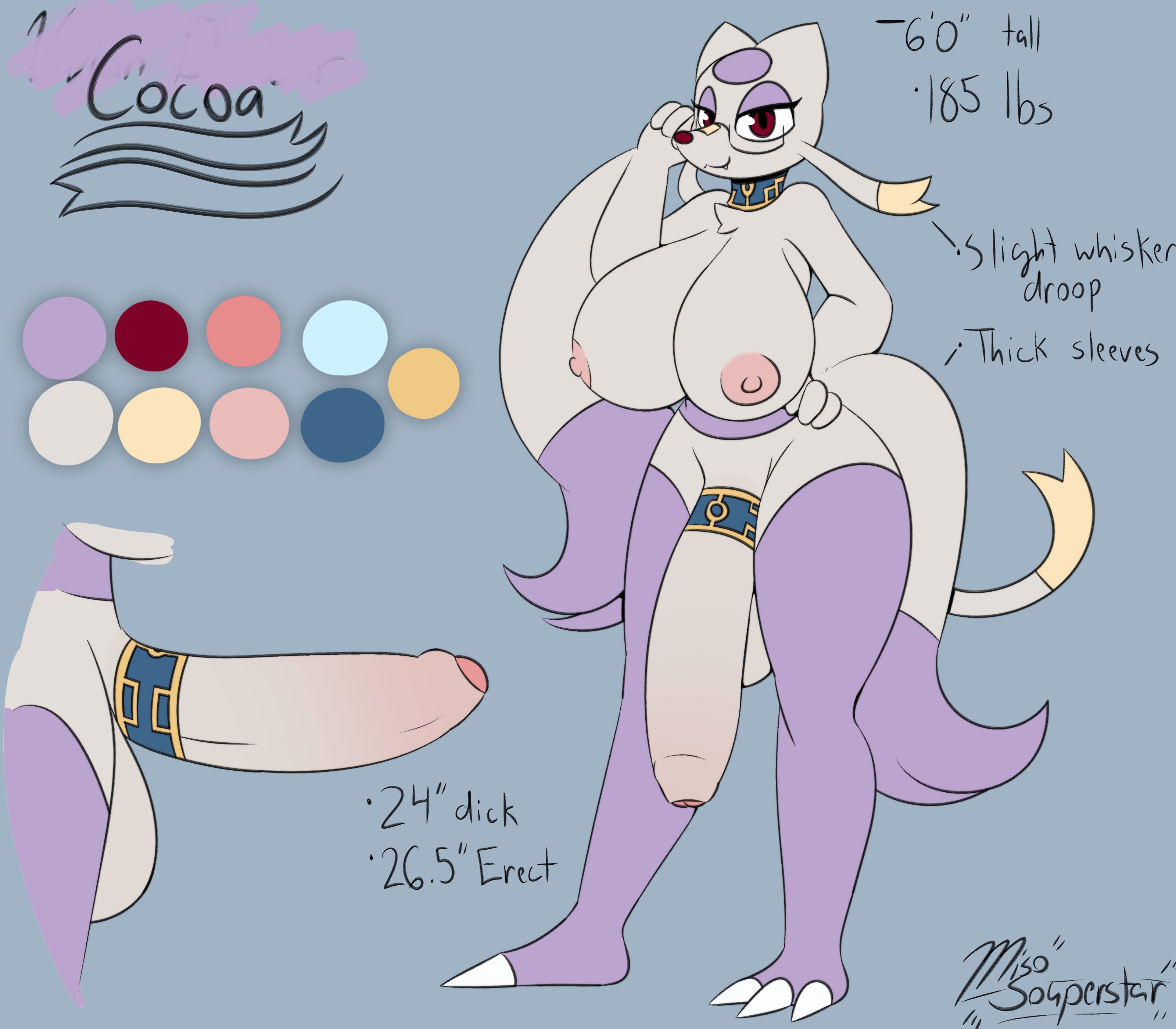 1futa, 2021, areolae, ass, balls, big ass, big balls, big breasts, big butt, big penis, breasts, character sheet, cocoa (miso souperstar), dickgirl, digital media (artwork), furry, futa only, futanari, glasses, huge balls, huge breasts, huge cock, humanoid penis, intersex, mienshao, miso souperstar, nintendo, penis, pokemon, pokemon bw, reference image, solo, standing, text, thick thighs